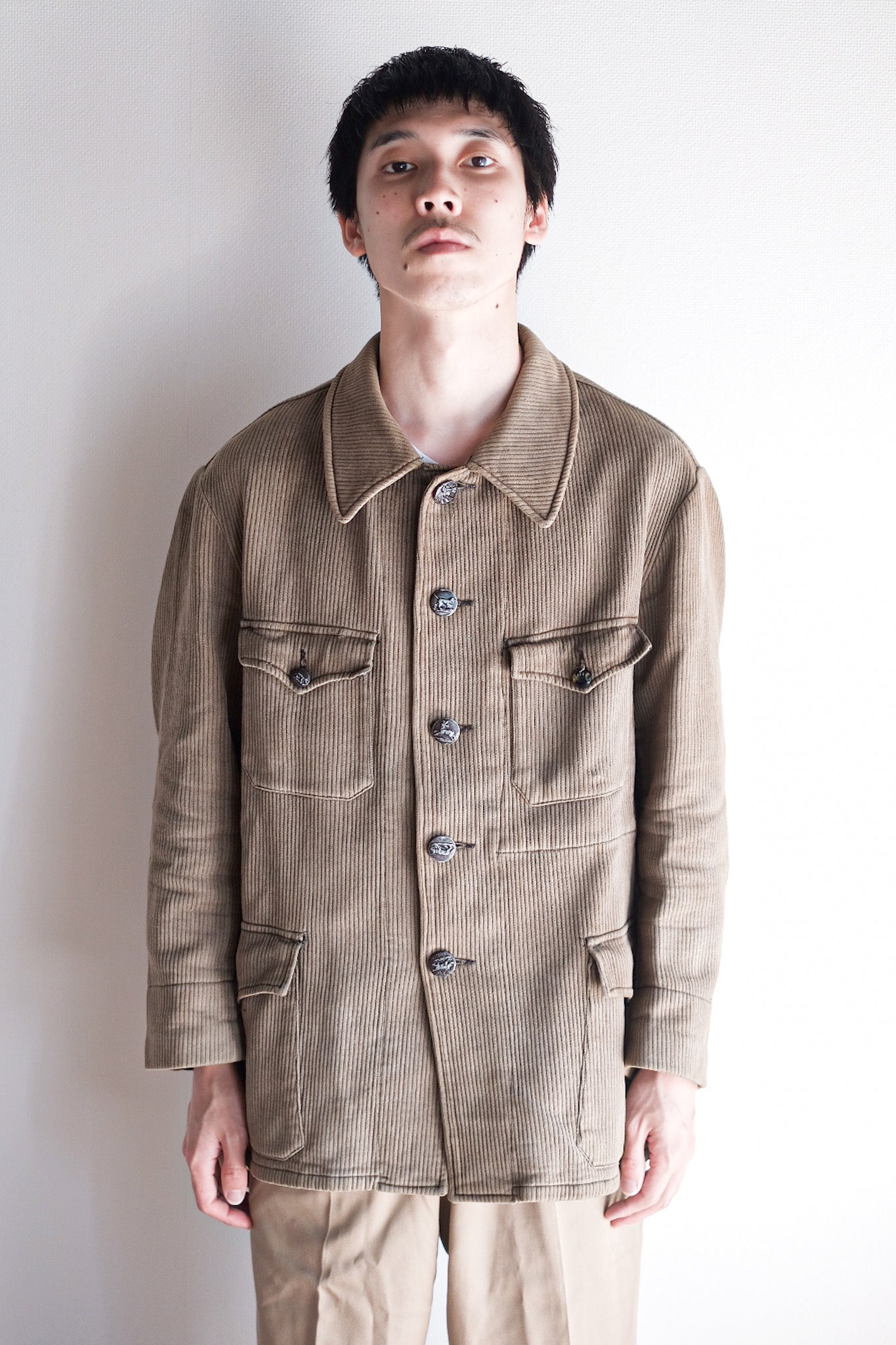［~40's］French Vintage Brown Cotton Pique Hunting Jacket With Chin Strap