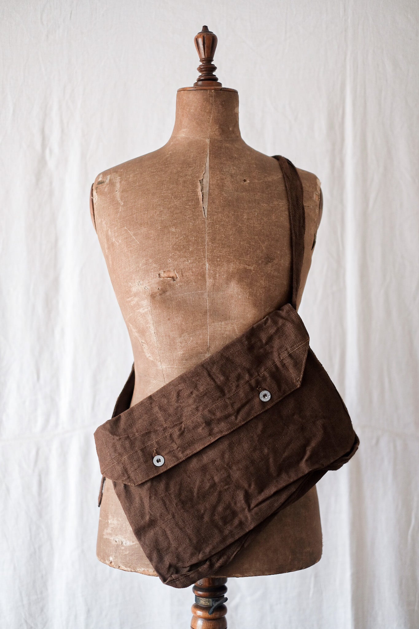 【~40's】French Army Brown Linen Musette Bag "Dead Stock"