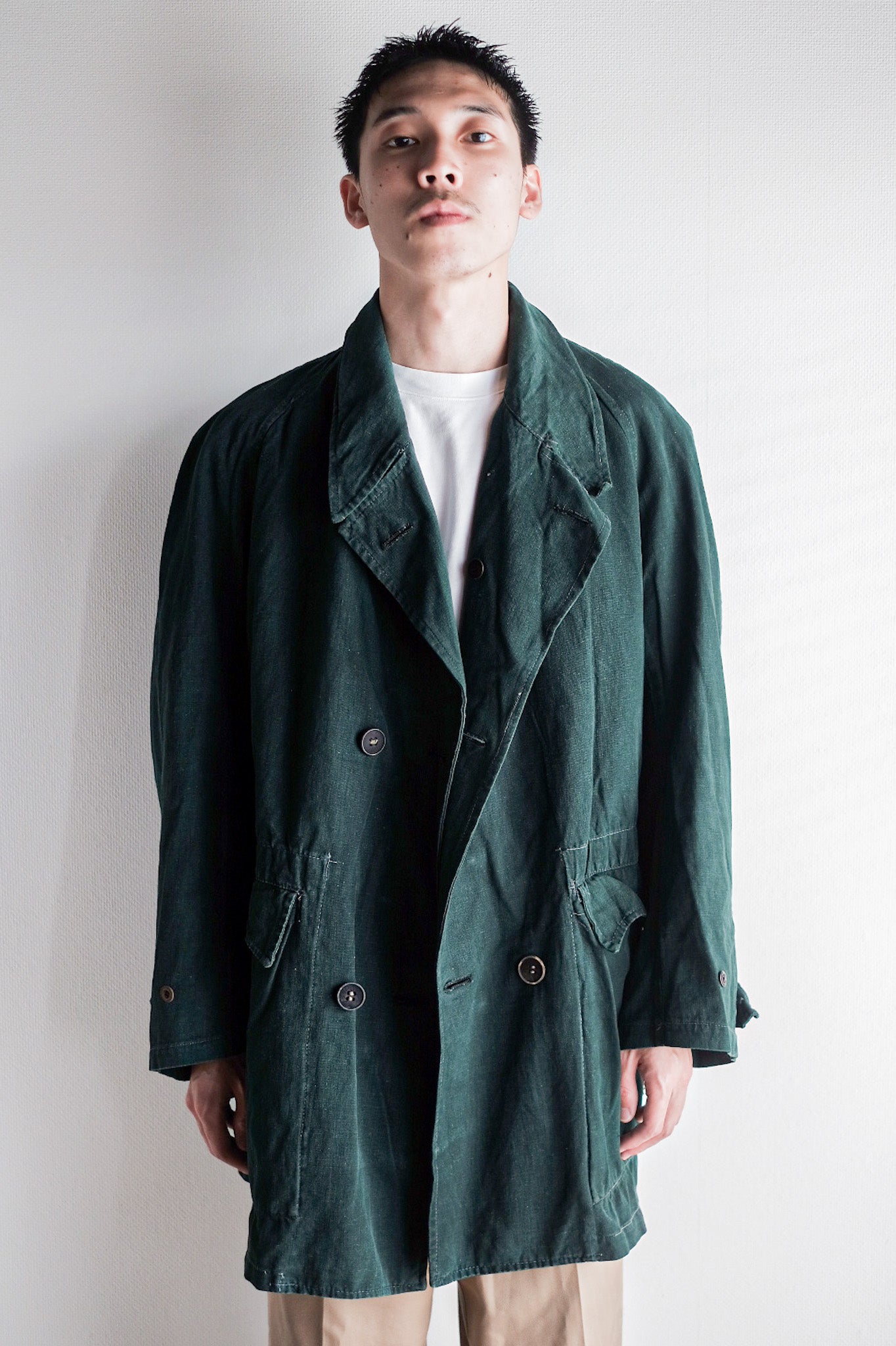 ［~40's］French Army Double Breasted Green Linen Canvas Jacket