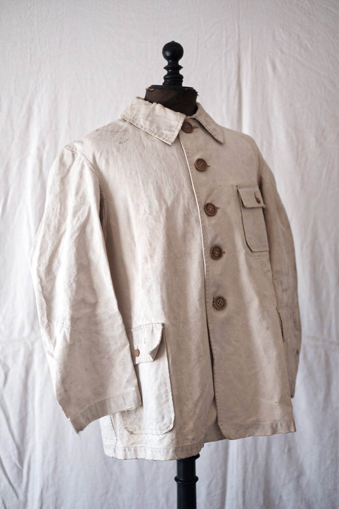 [~ 40 '] 프랑스 빈티지 흰색 면화 사냥 재킷