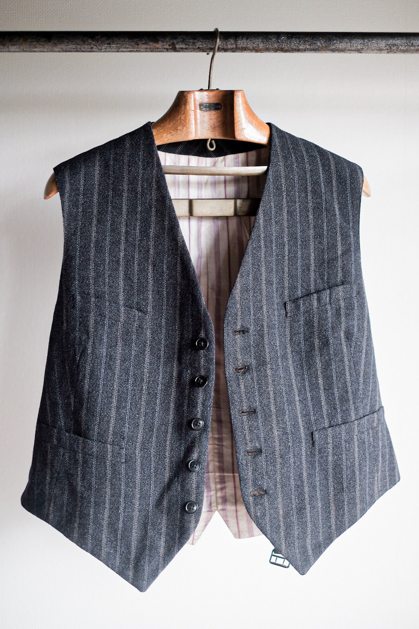 【~40's】French Vintage Gray Wool Striped Work Gilet