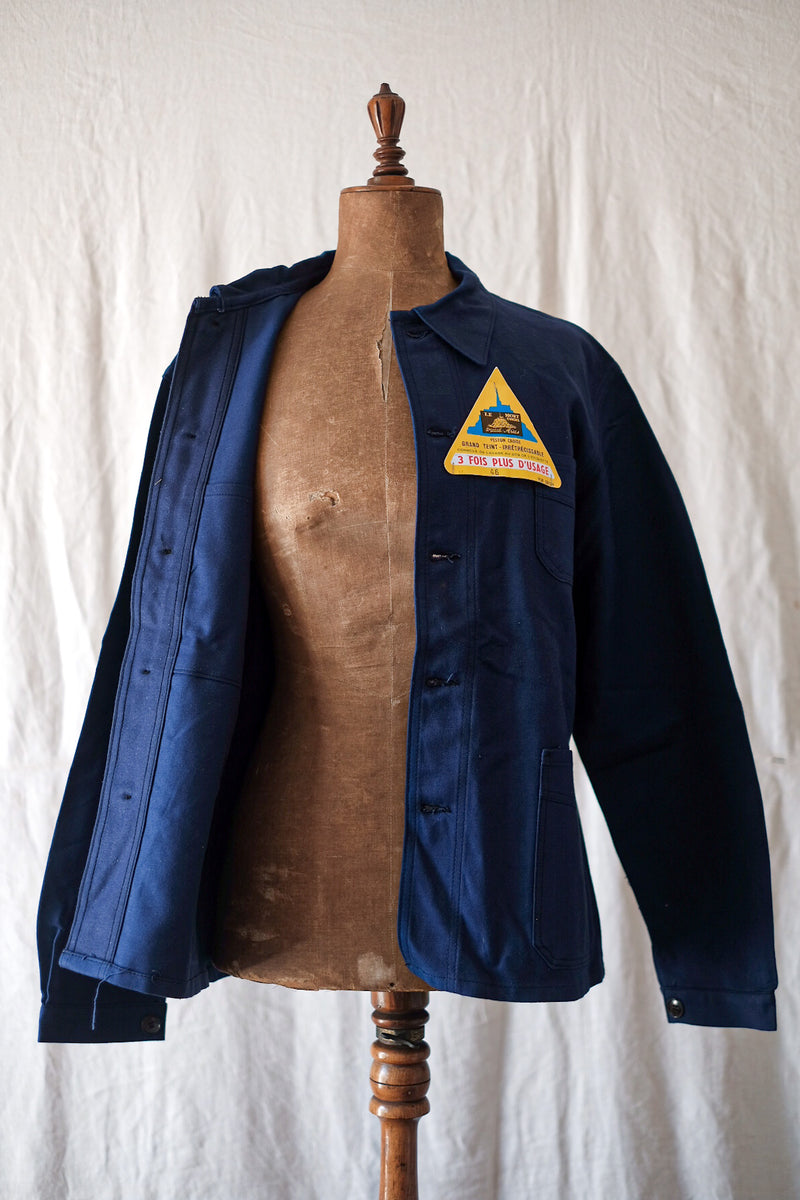 【~50's】French Vintage Blue Cotton Twill Work Jacket "Le Mont St. Michel" "Dead Stock"