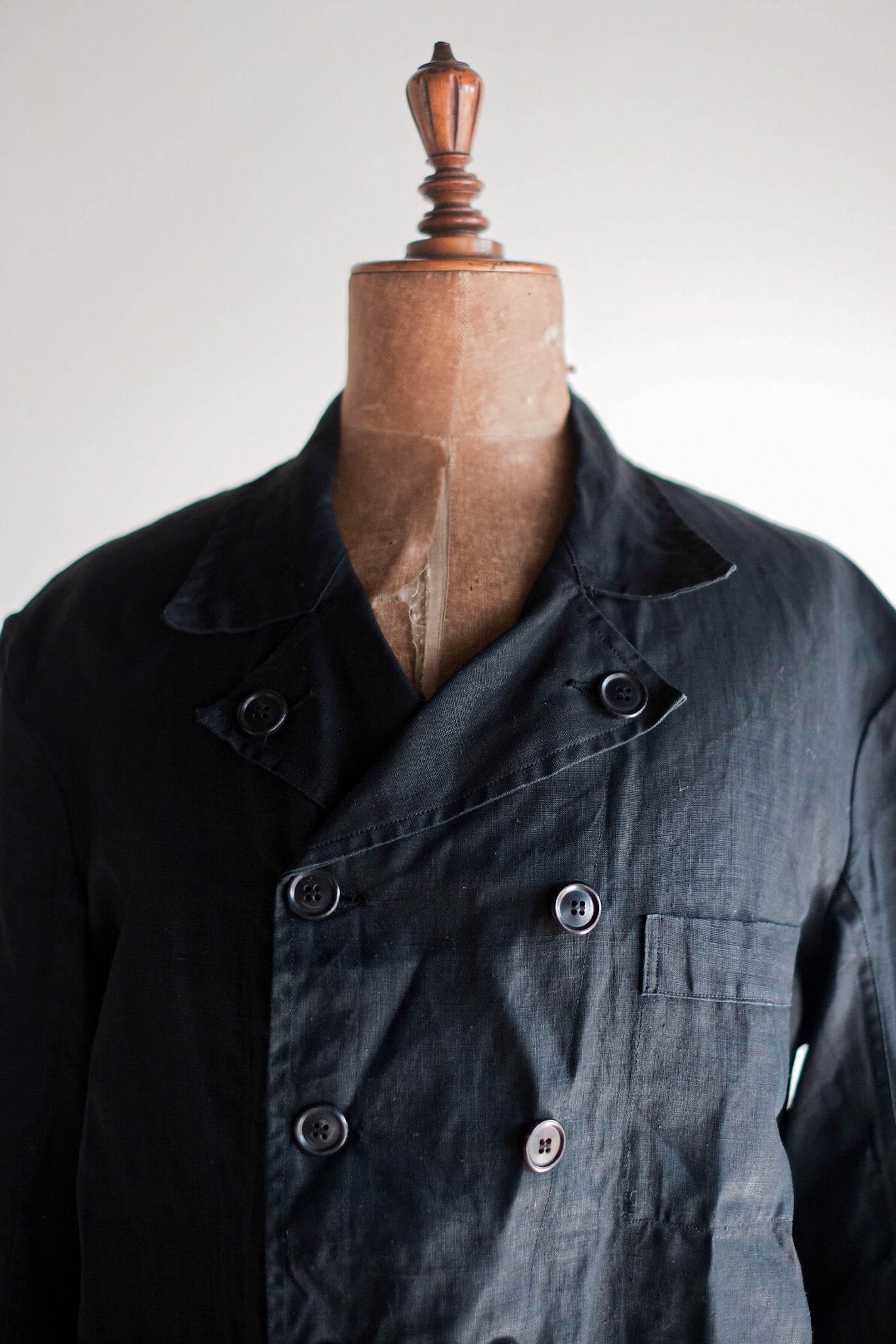 [〜30年代]法國復古黑色靛藍亞麻雙胸部工作夾克“死庫存”