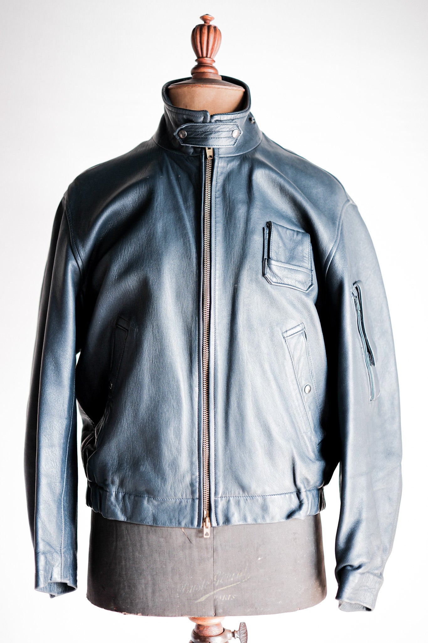 【~70's】French Air Force Pilot Leather Jacket With Chin Strap Size.96M