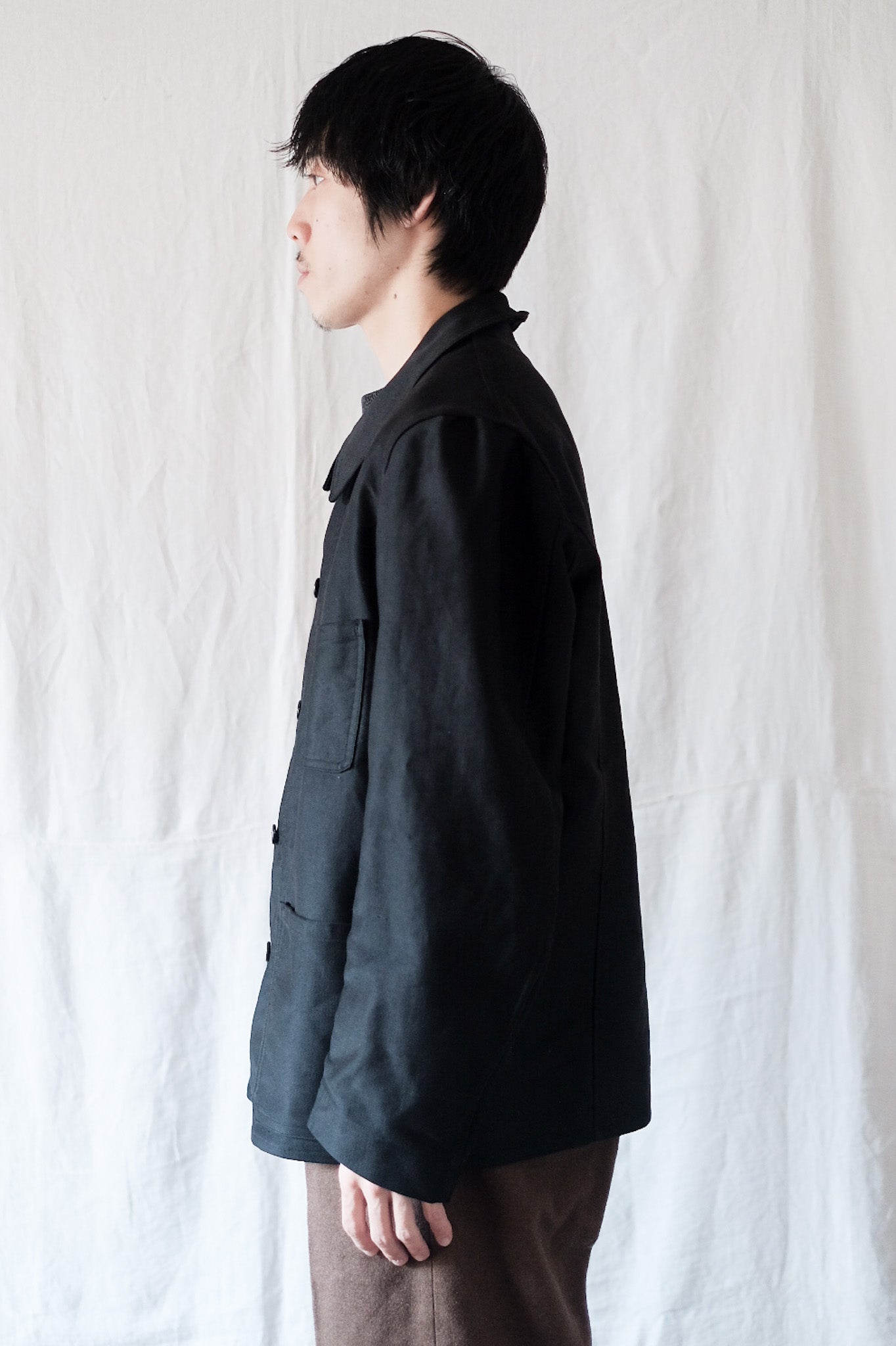 [~ 30's] French Vintage Double Breasted Black Moleskin Work Jacket