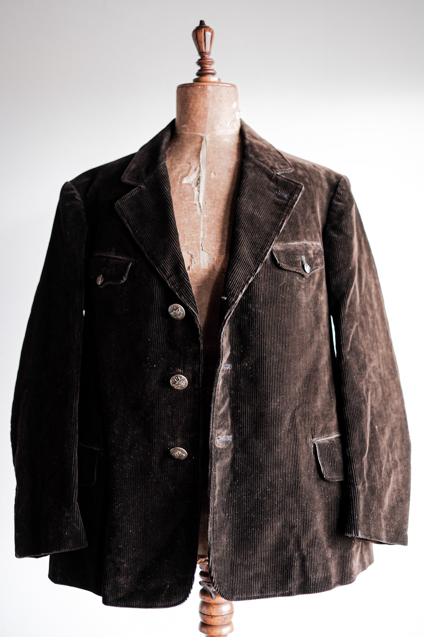 40's】French Vintage Dark Brown Corduroy Lapel Hunting Jacket 