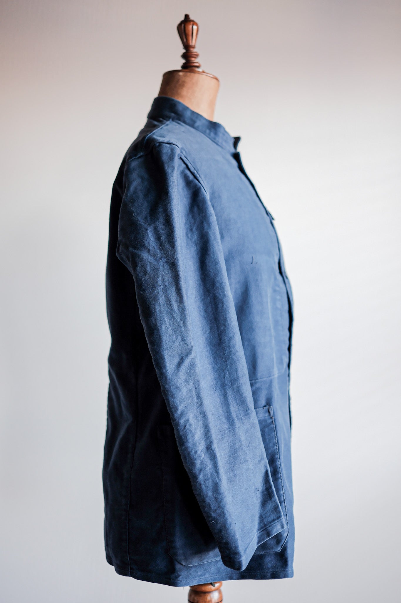 40's】French Vintage Blue Moleskin Stand Collar Work Jacket