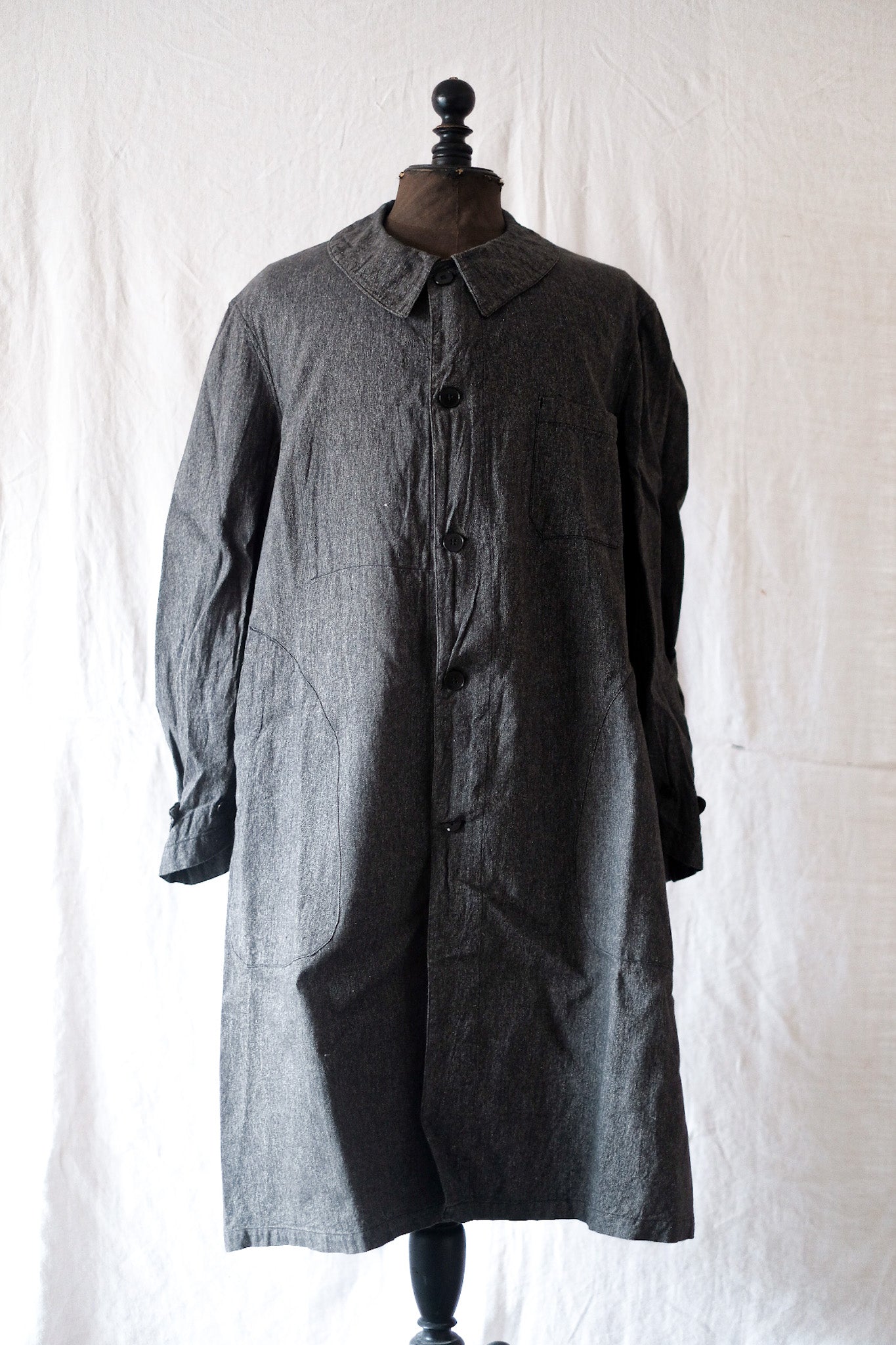 [~ 30's] French Vintage Black Chambray Duster Coat