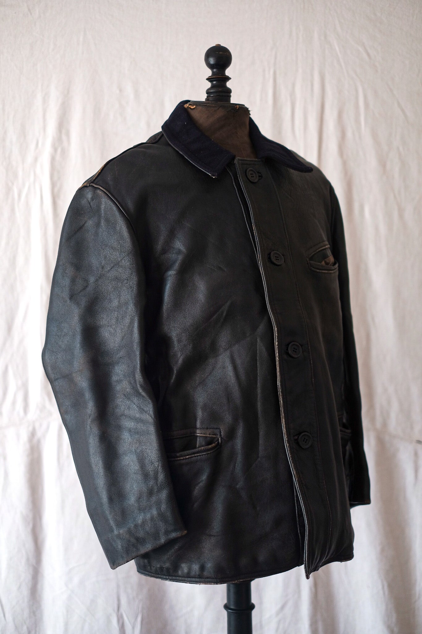 【~50's】French Vintage Leather Work Jacket "Wool Collar"