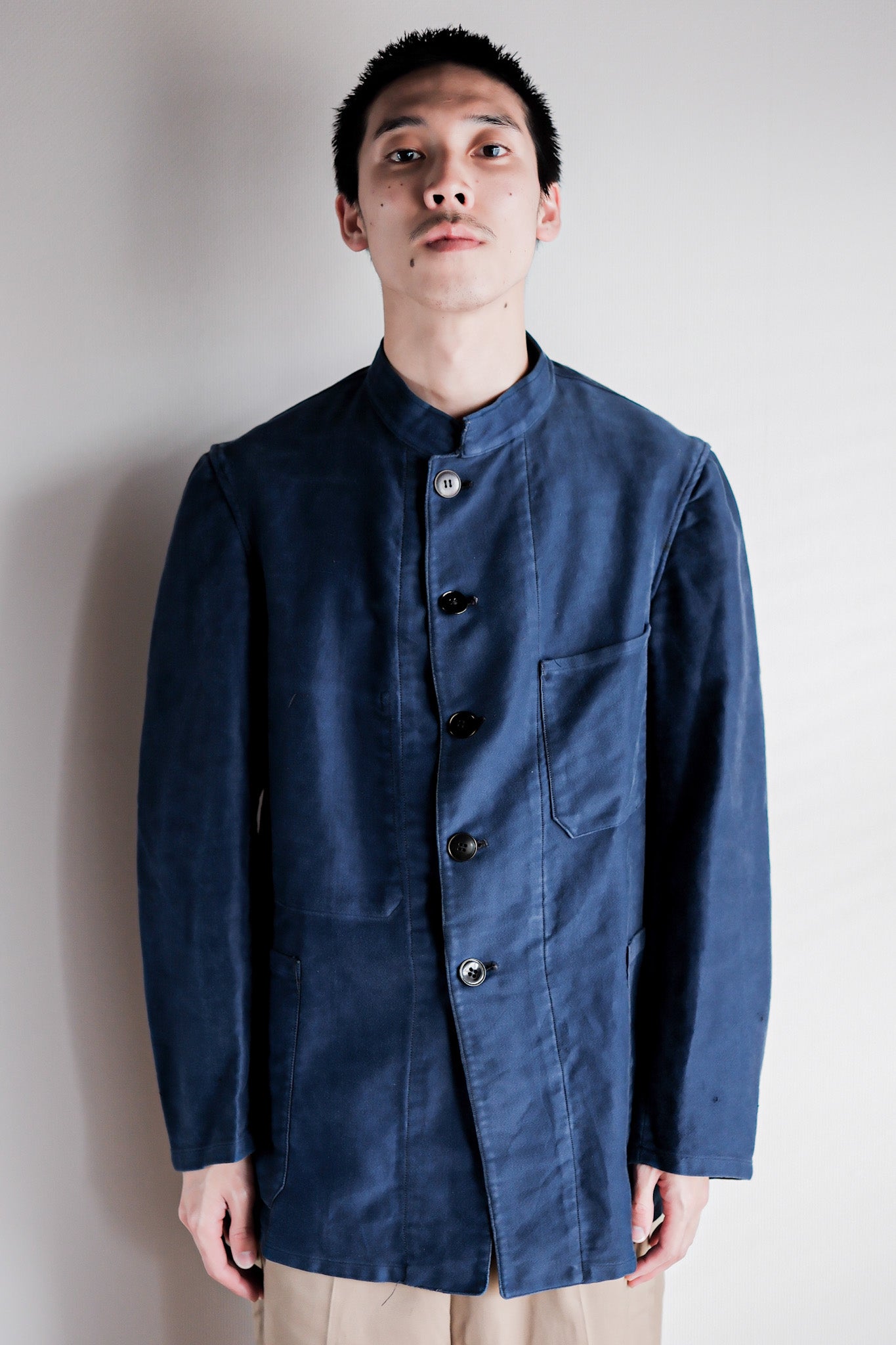 40's】French Vintage Blue Moleskin Stand Collar Work Jacket