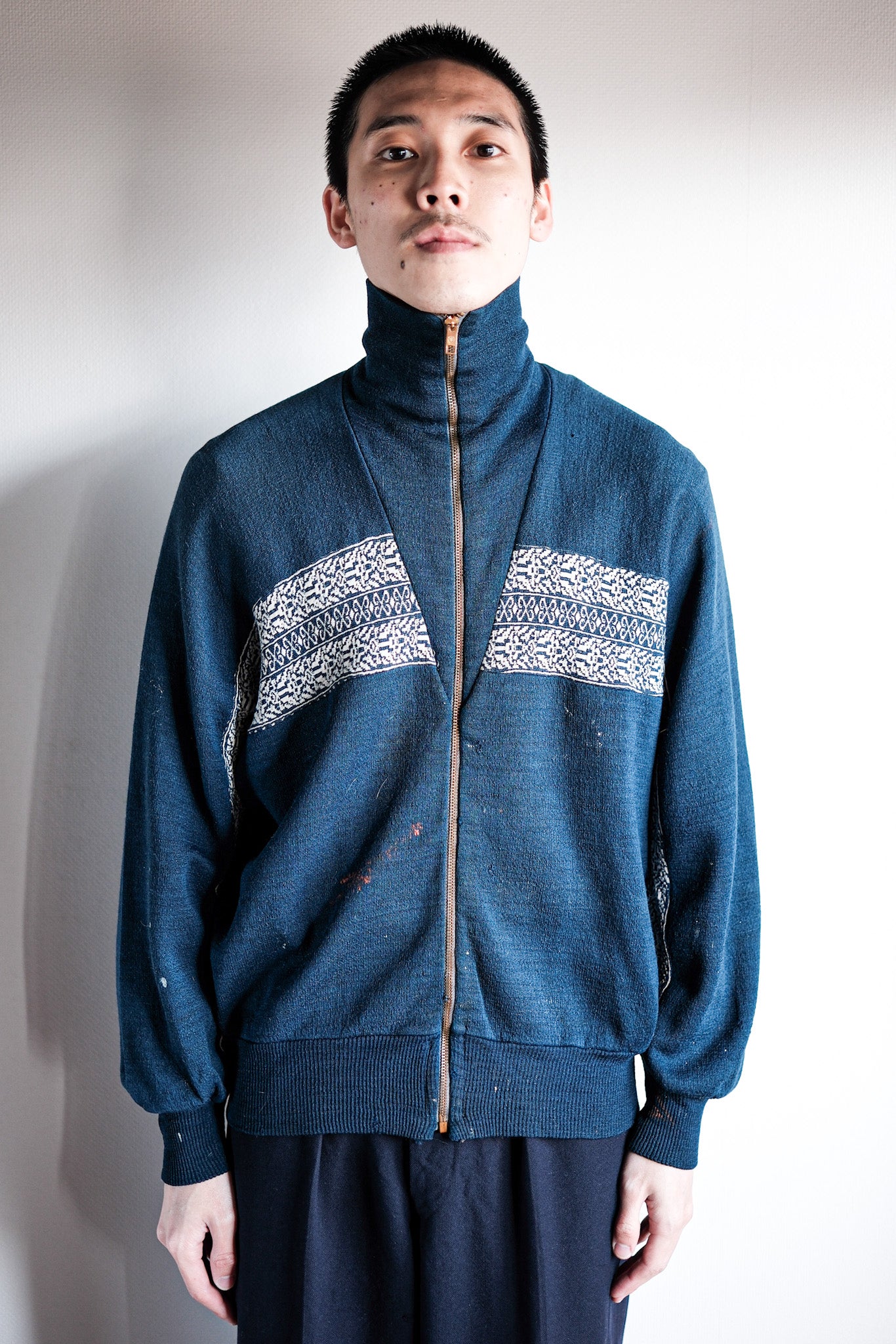 ［~50's］French Vintage Full Zip Wool Printed Cardigan