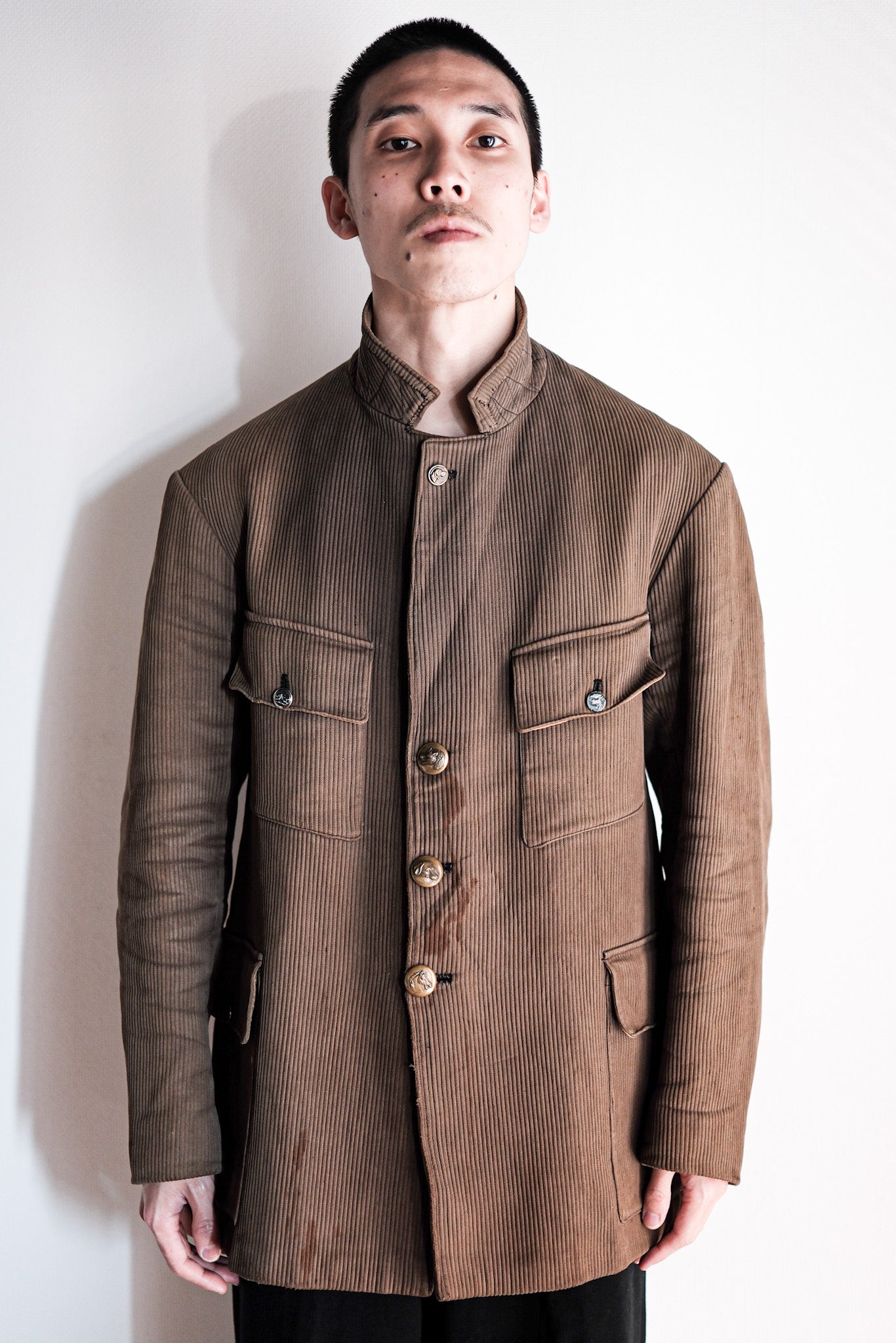 【~40's】French Vintage Brown Cotton Pique Lapel Gamekeeper Hunting Jacket "Unusual Pattern"