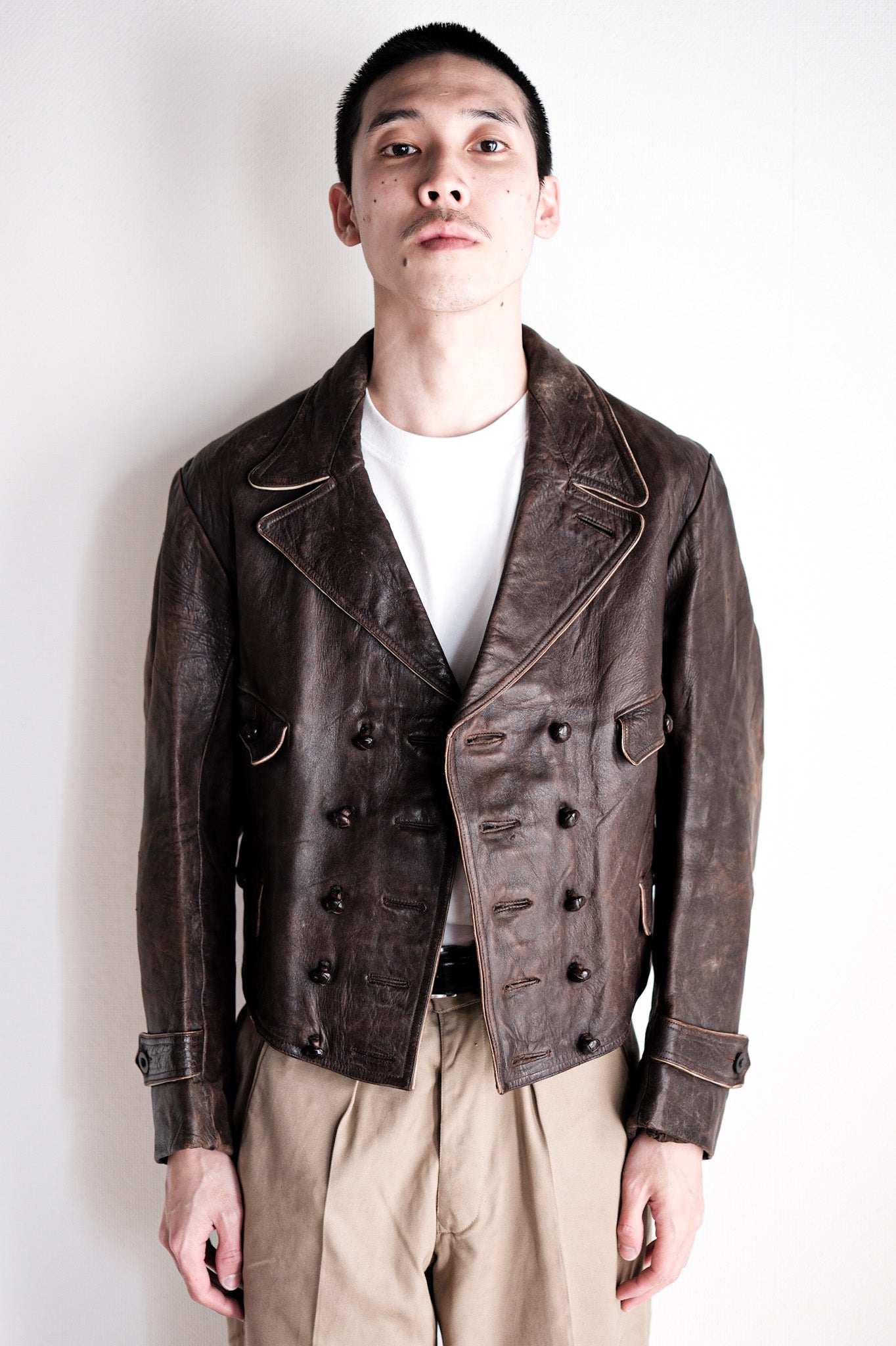 40's] German Vintage Double Breasted Motorcycle Leather Jacket