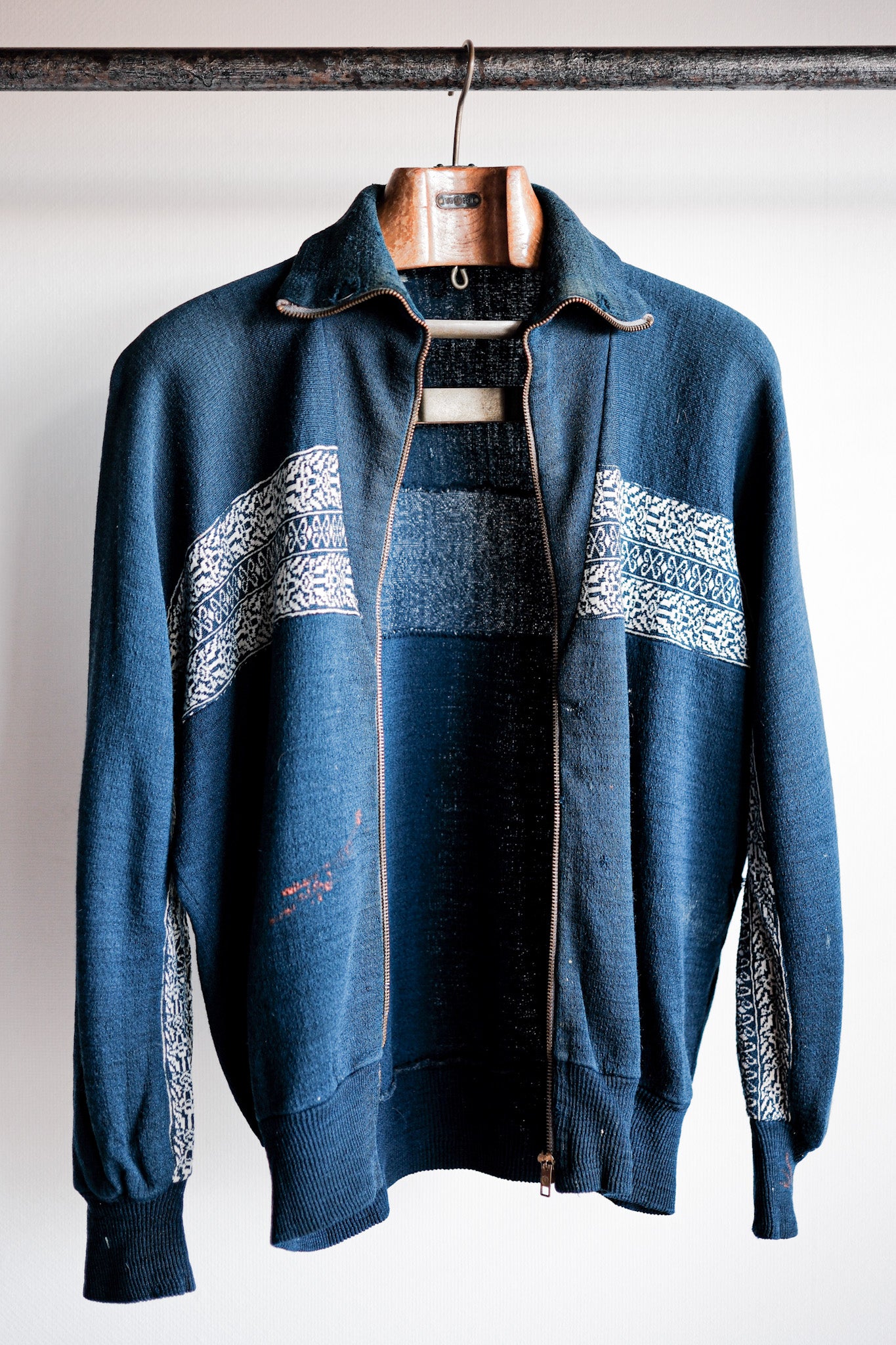 [~ 50's] French Vintage Full Full Wool Wool Printed Cardigan