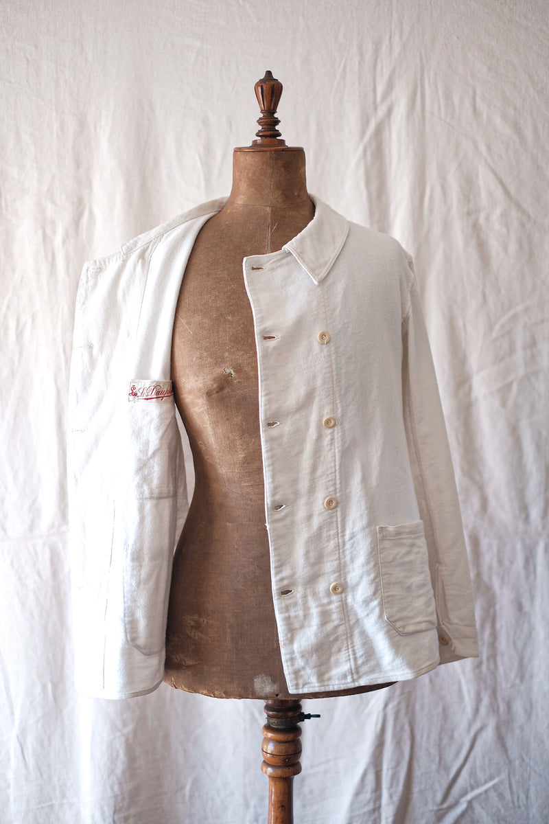 30's】French Vintage Double Breasted White Cotton Linen Twill Work ...