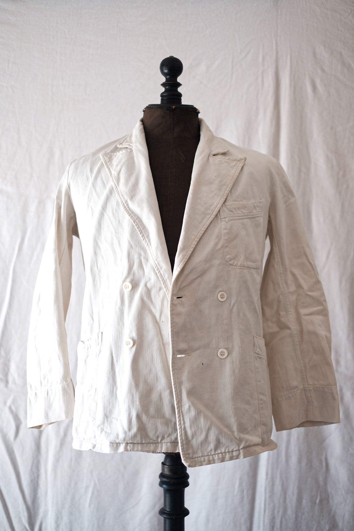 [~ 40's] French Vintage Double Breasted White Cotton Twill Jacket