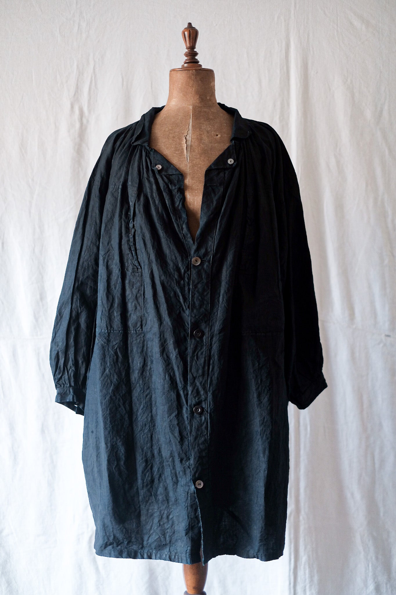 [Early 20th C] French Antique Indigo Linen Smock Open Type "Biaude"