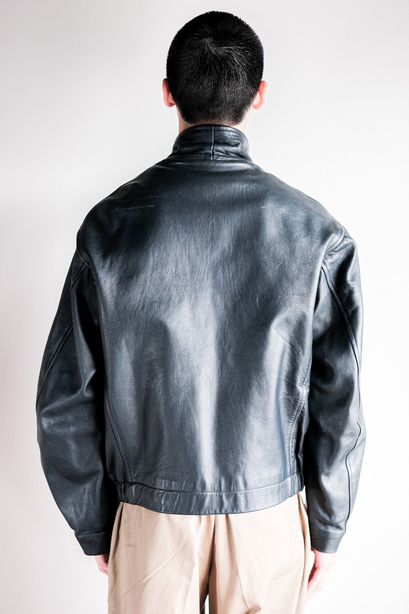 【~70's】French Air Force Pilot Leather Jacket With Chin Strap Size.96M