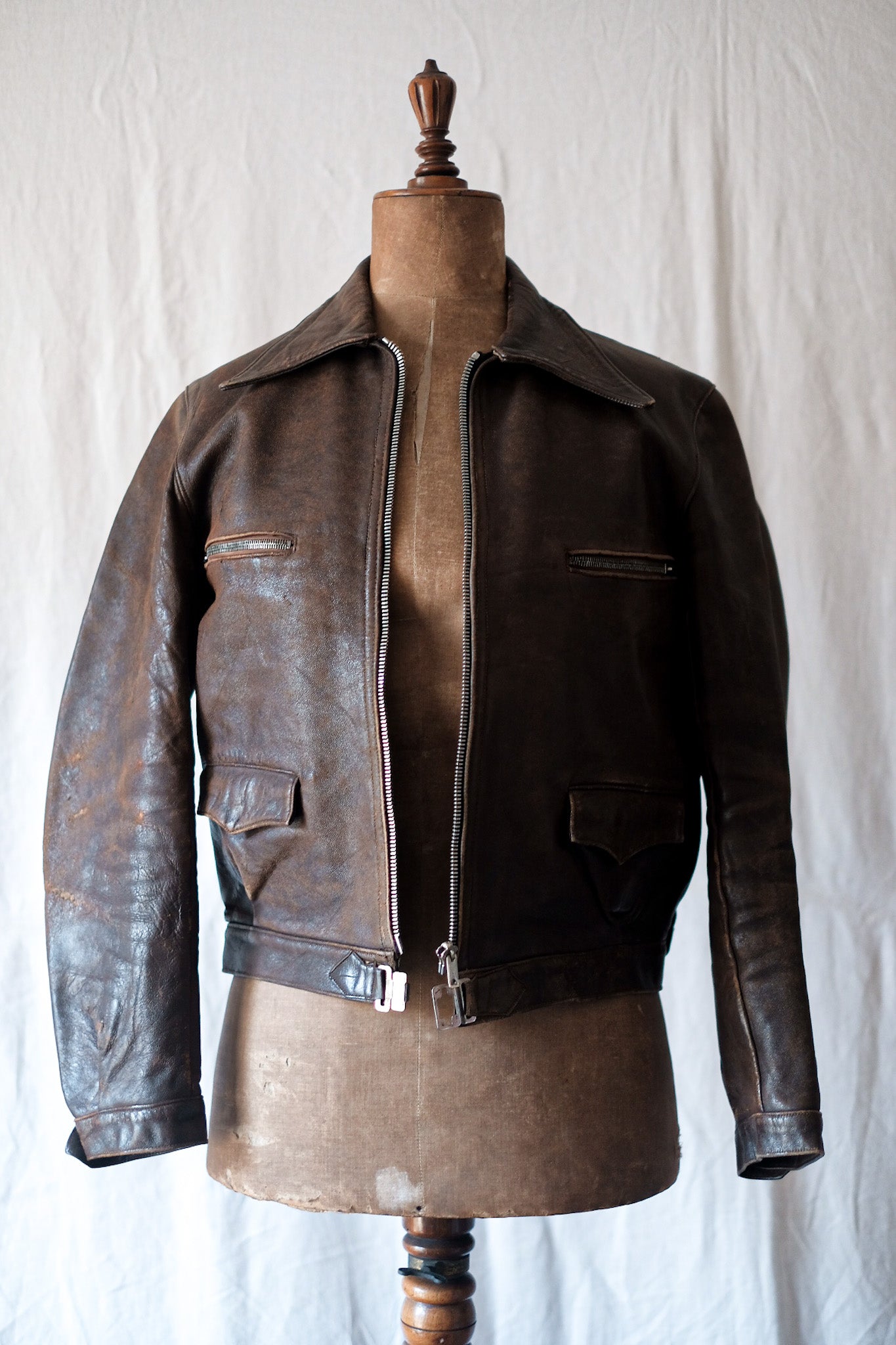 40's】French Vintage Leather Cyclist Jacket