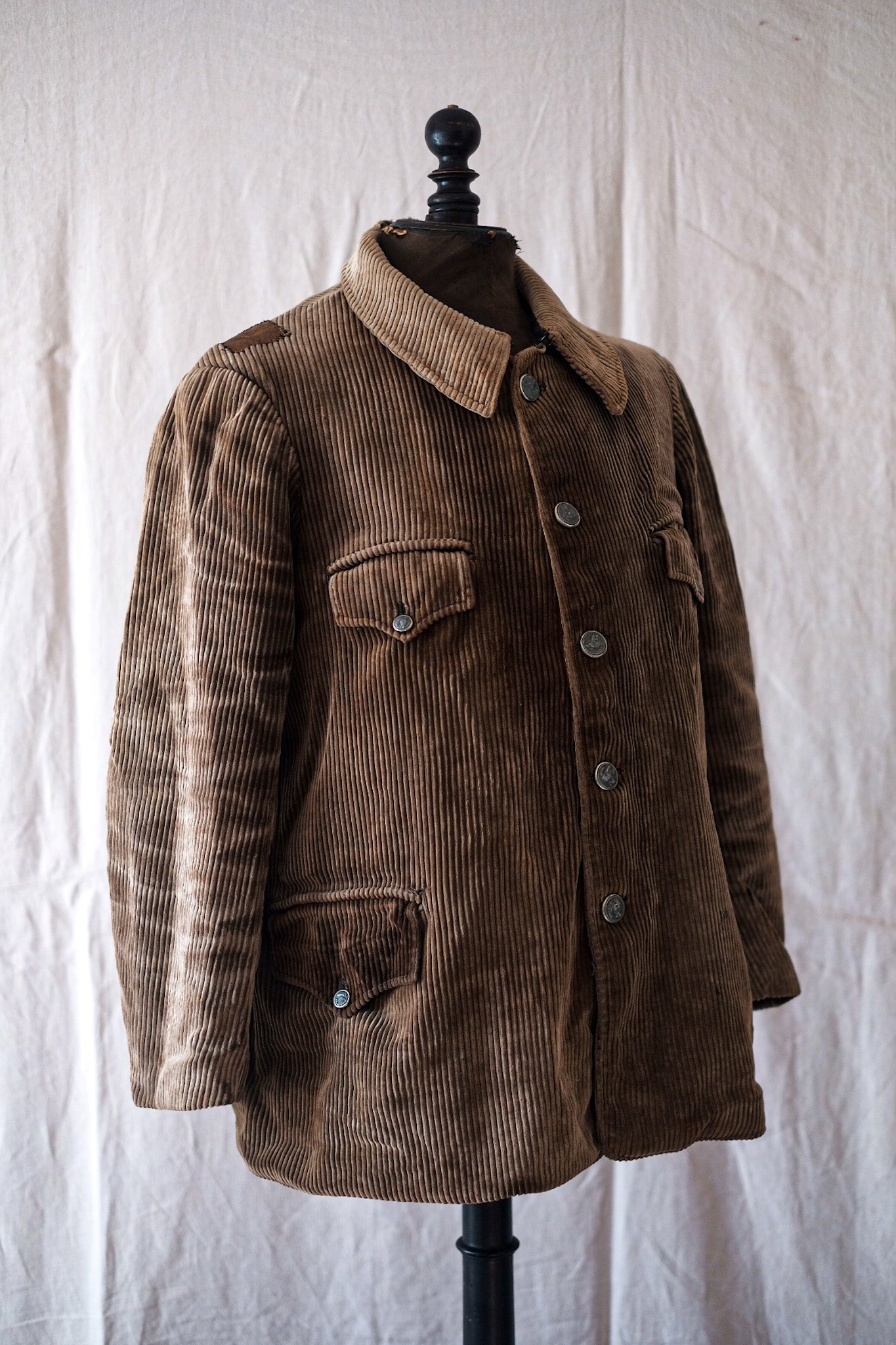 [~ 30 '] 프랑스 빈티지 브라운 코듀로이 사냥 게임 키퍼 재킷