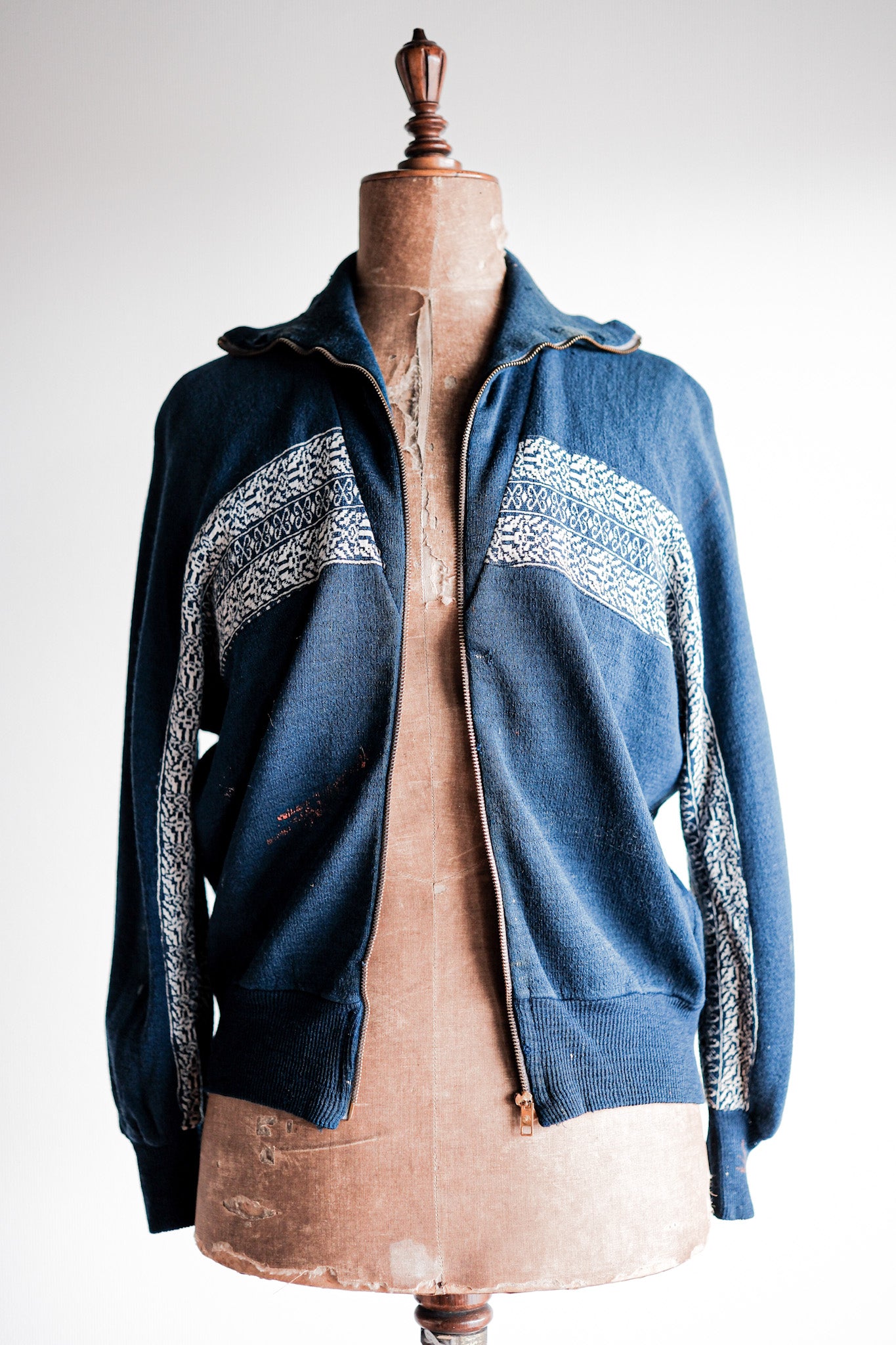 ［~50's］French Vintage Full Zip Wool Printed Cardigan