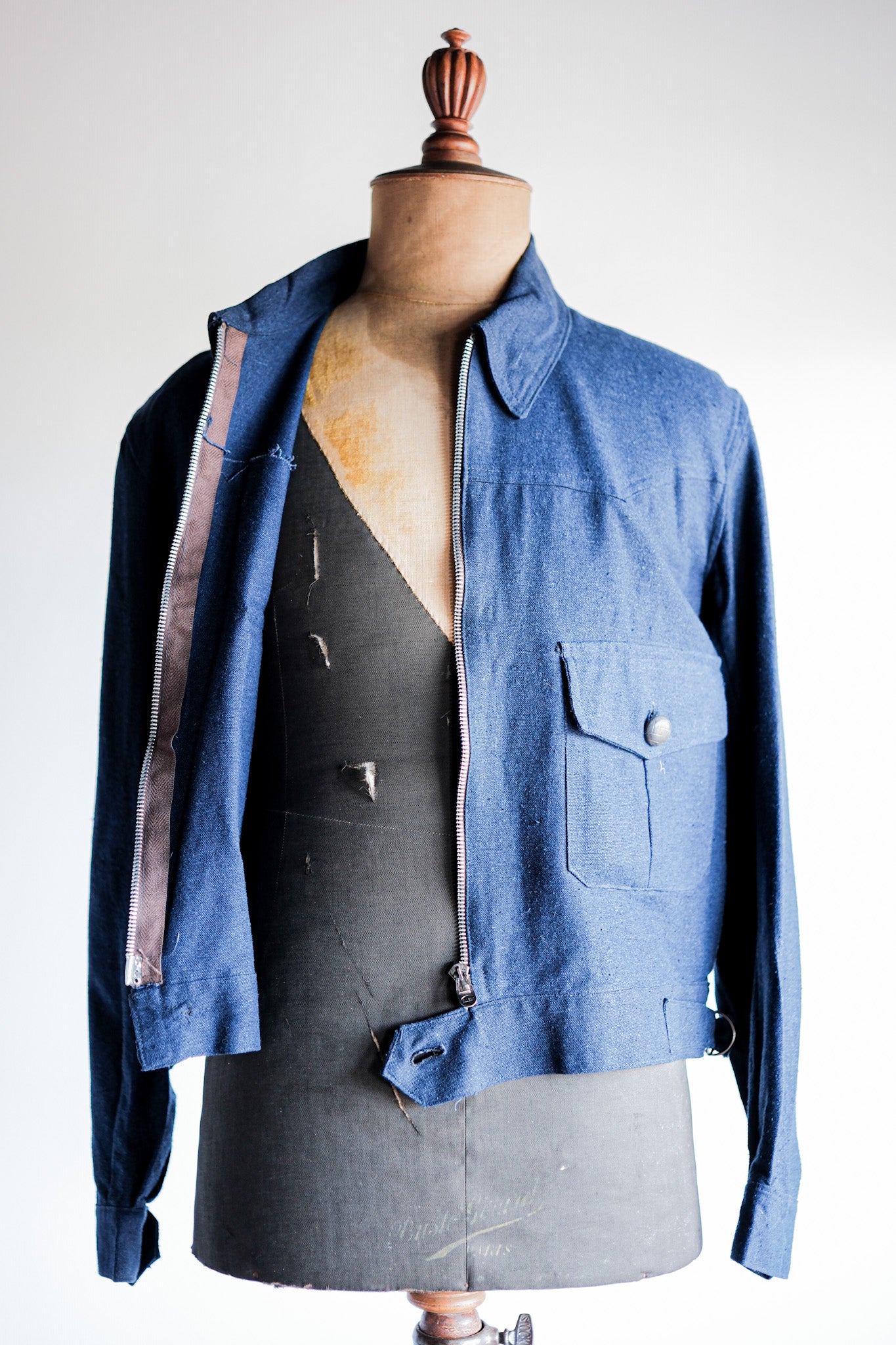 【~40’s】French Vintage Indigo Hemp Linen Cyclist Jacket