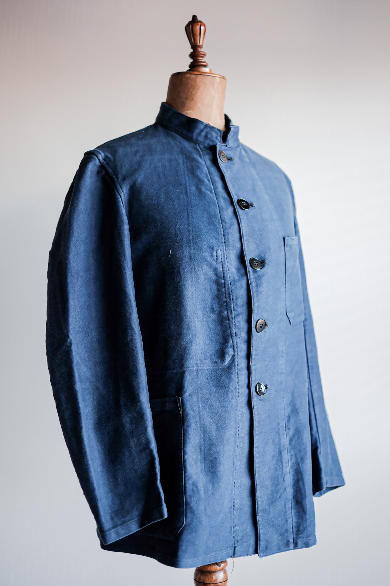 [~ 40 '] 프랑스 빈티지 블루 몰스킨 스탠드 칼라 작업 재킷