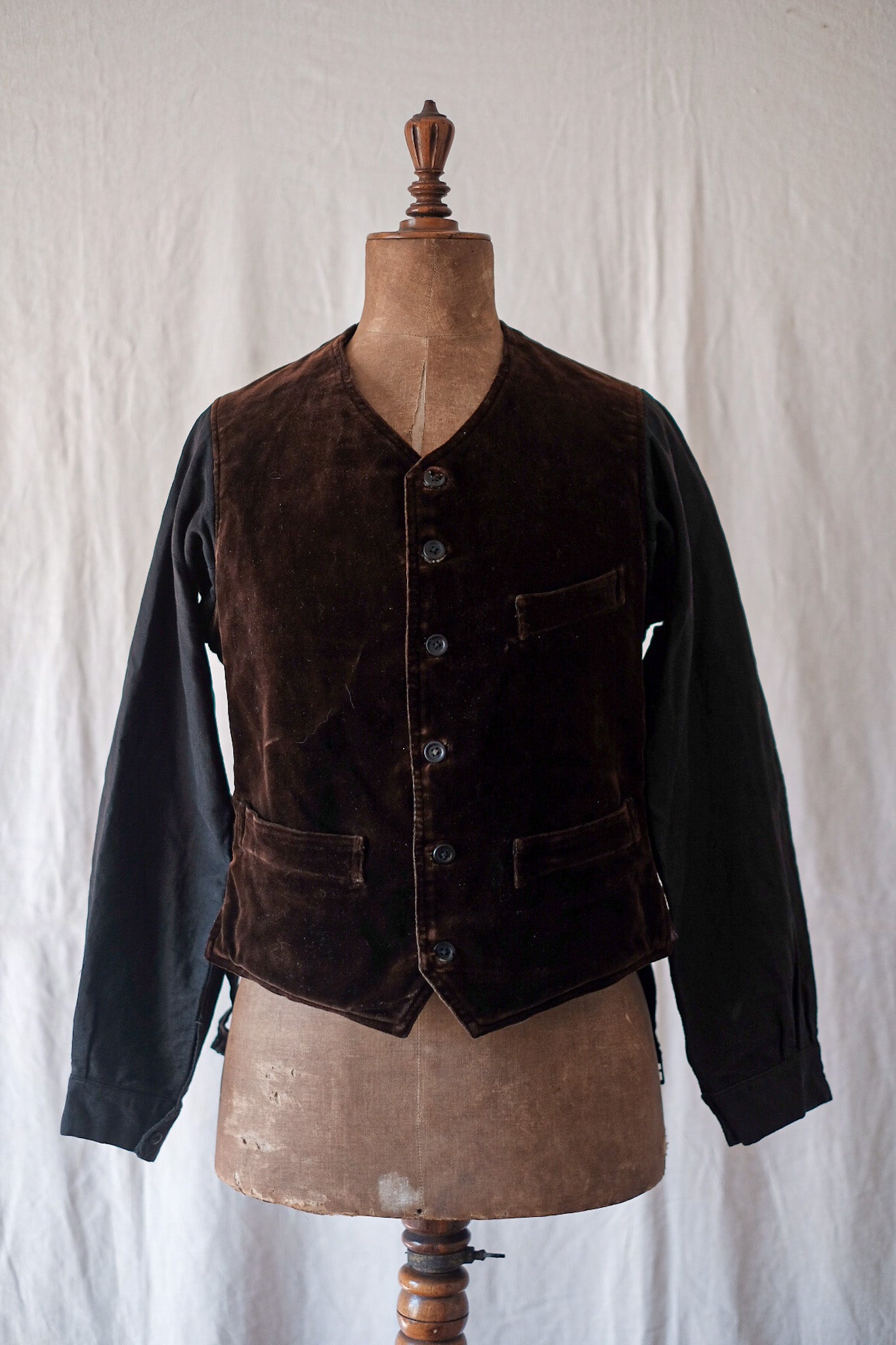 【~30's】French Vintage Brown Velour Gilet Jacket