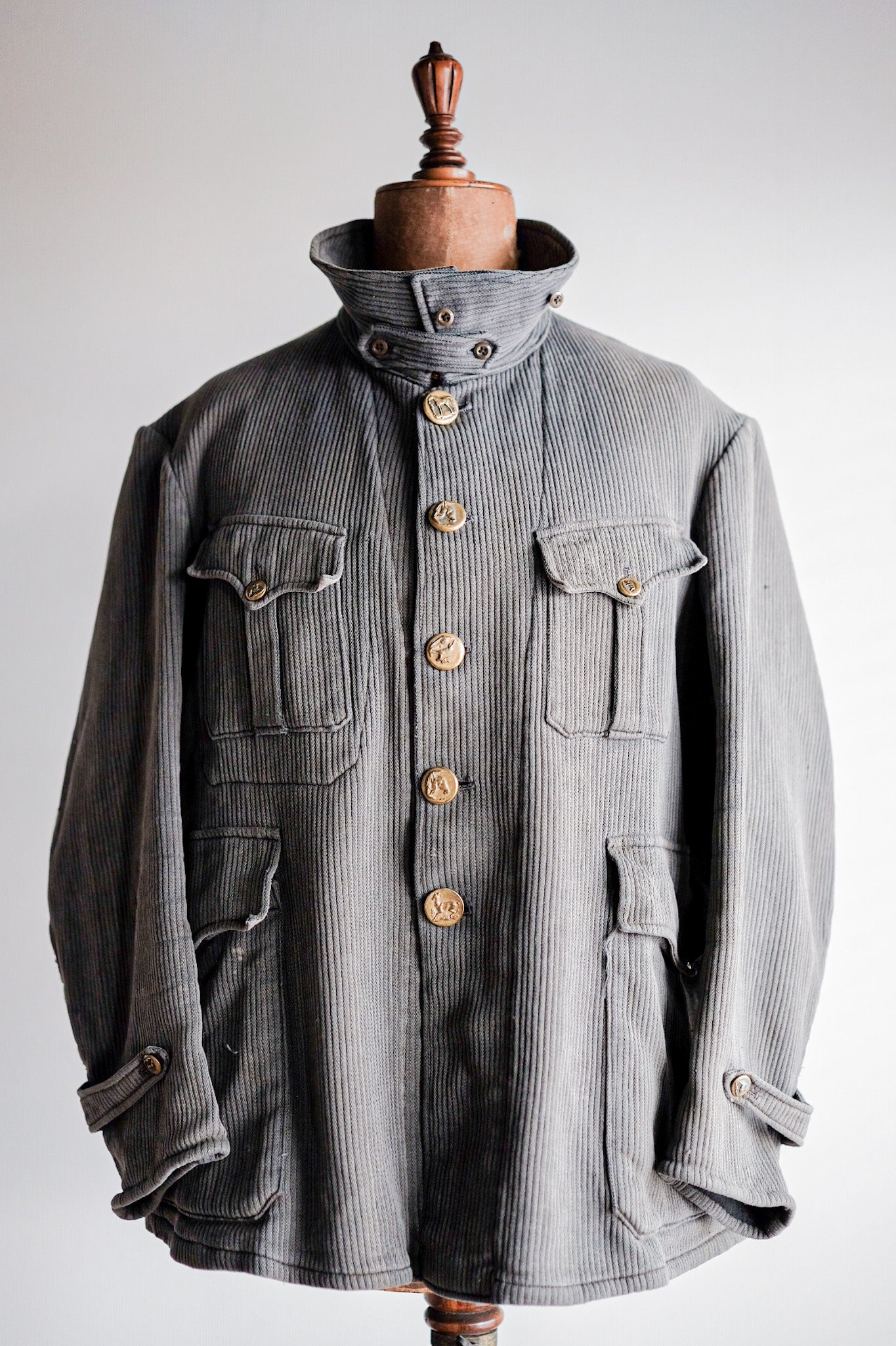 ［~30's］French Vintage Gray Cotton Pique Hunting Jacket With Chin Strap