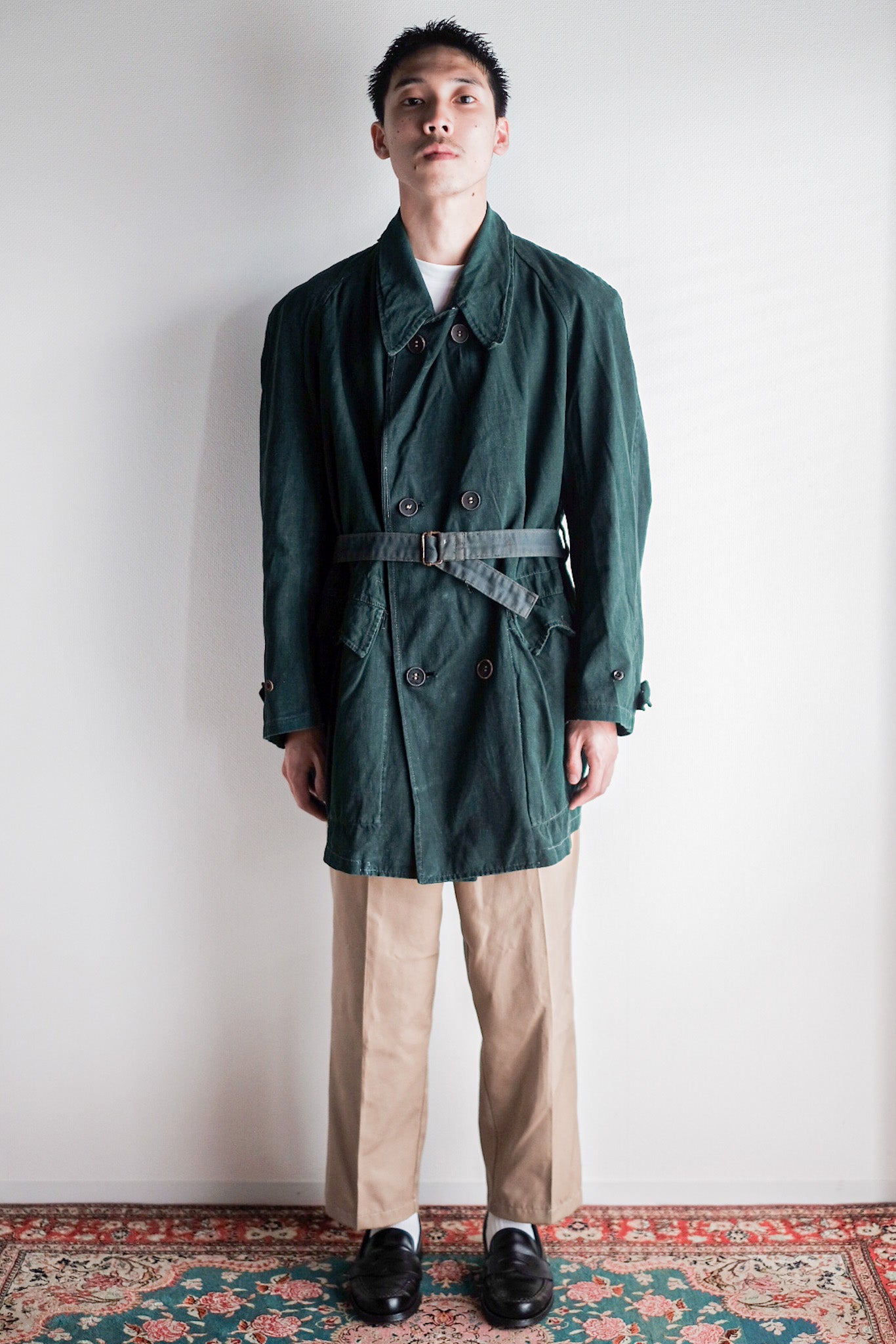 [~ 40's] แจ็คเก็ตผ้าใบผ้าลินินสีเขียวสองหน้าอกของกองทัพ