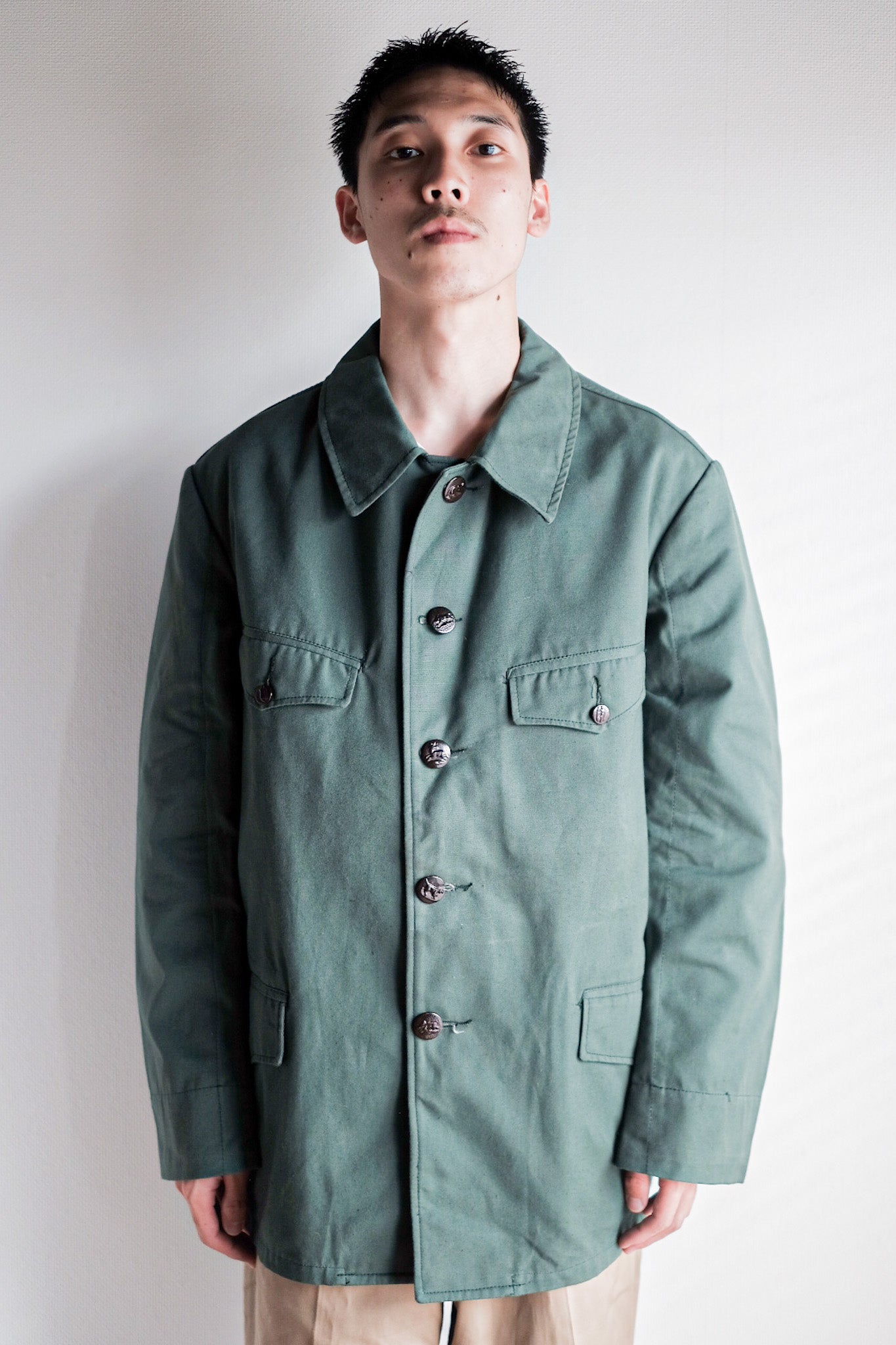 【~50's】French Vintage Green Cotton Hunting Jacket With Chin Strap "Dead Stock"