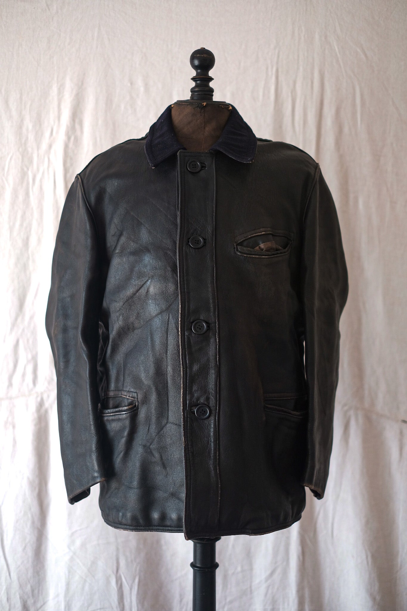 [~ 50's] French Vintage Leather Work Jacket "Wool Collar"