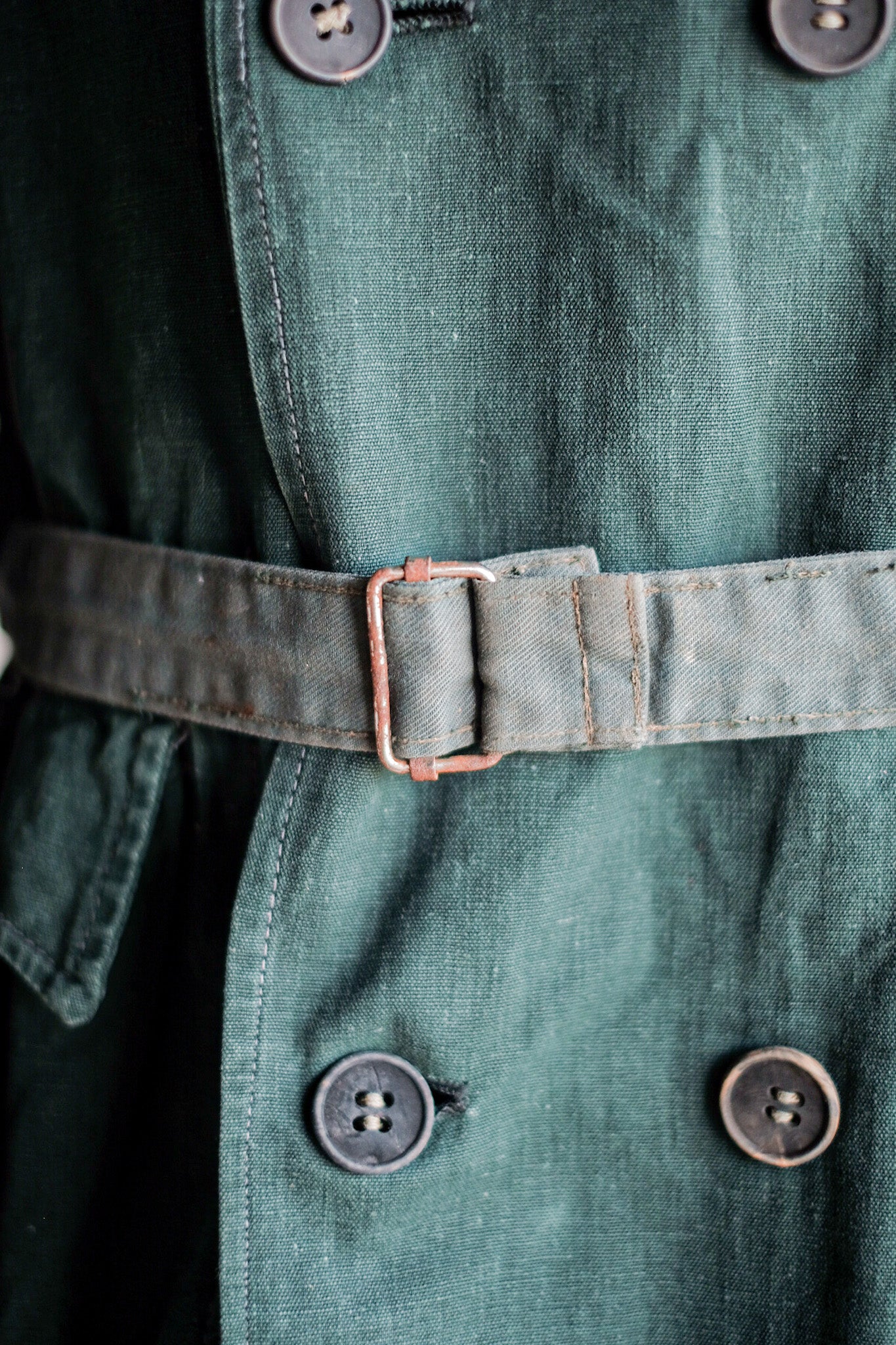 [~ 40 '] 프랑스 군대 더블 가슴 그린 리넨 캔버스 재킷
