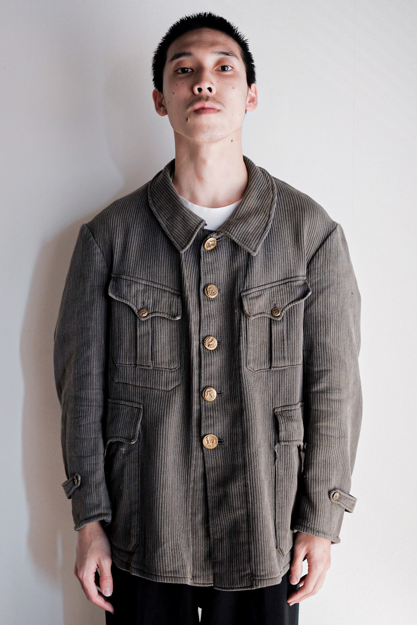 ［~30's］French Vintage Gray Cotton Pique Hunting Jacket With Chin Strap