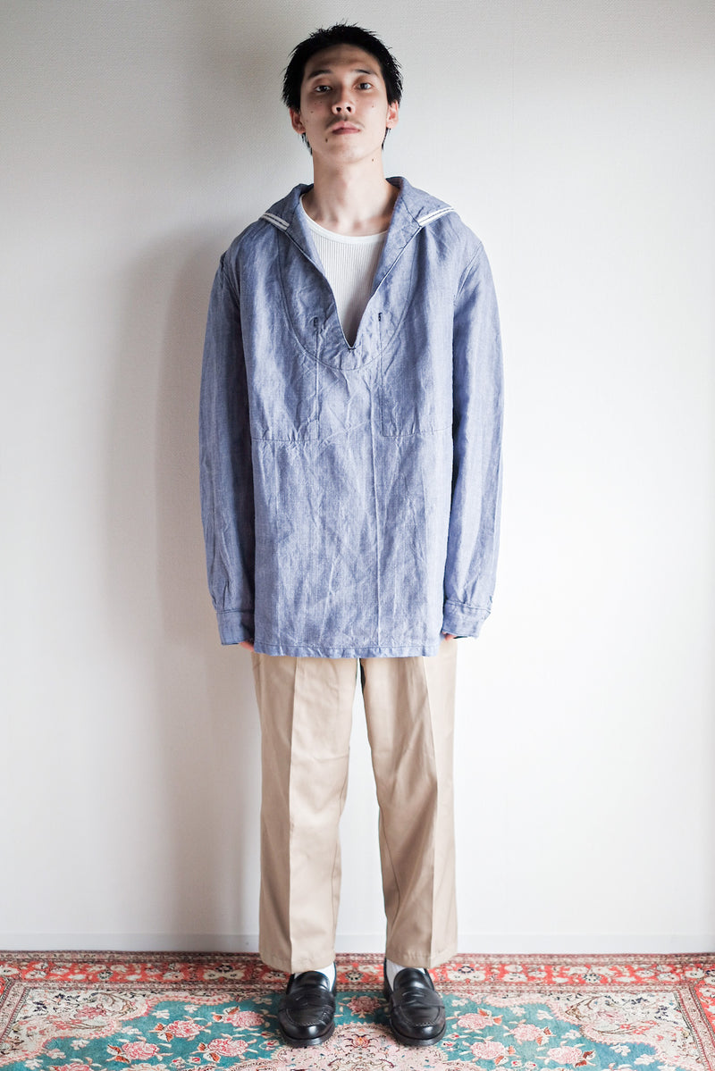 [~ 50's] เสื้อเชิ้ตผ้าลินิน Ramie ของกองทัพเรือฝรั่งเศส "Dead Stock"