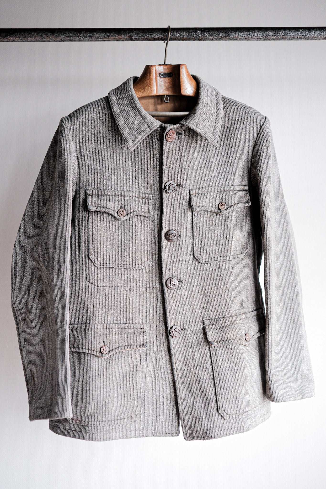 [~ 50 년대] 프랑스 빈티지 그레이 코튼 피크 사냥 재킷