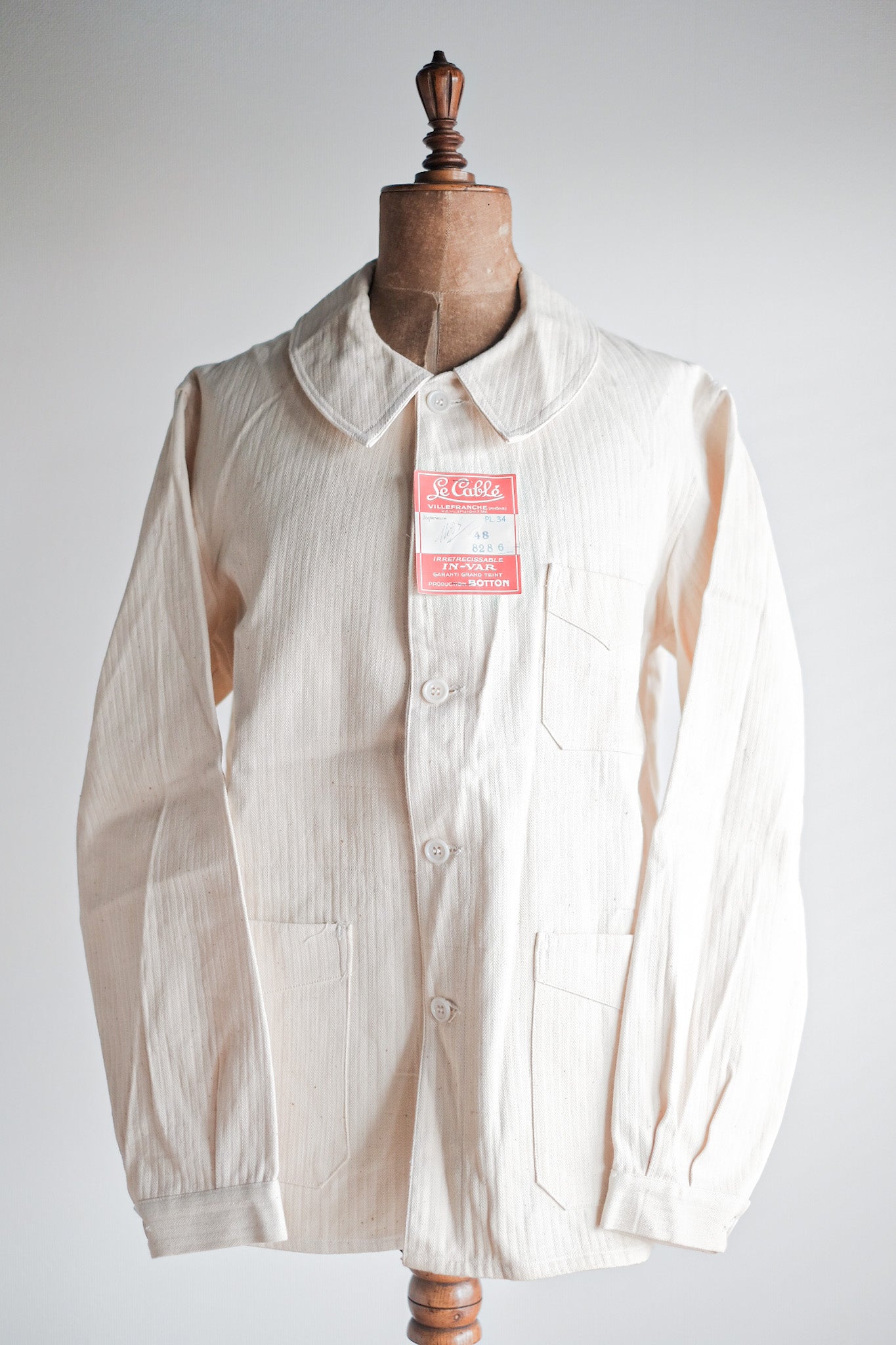 [~ 40 '] 프랑스 빈티지 흰색 면화 HBT 작업 재킷 "데드 스톡"