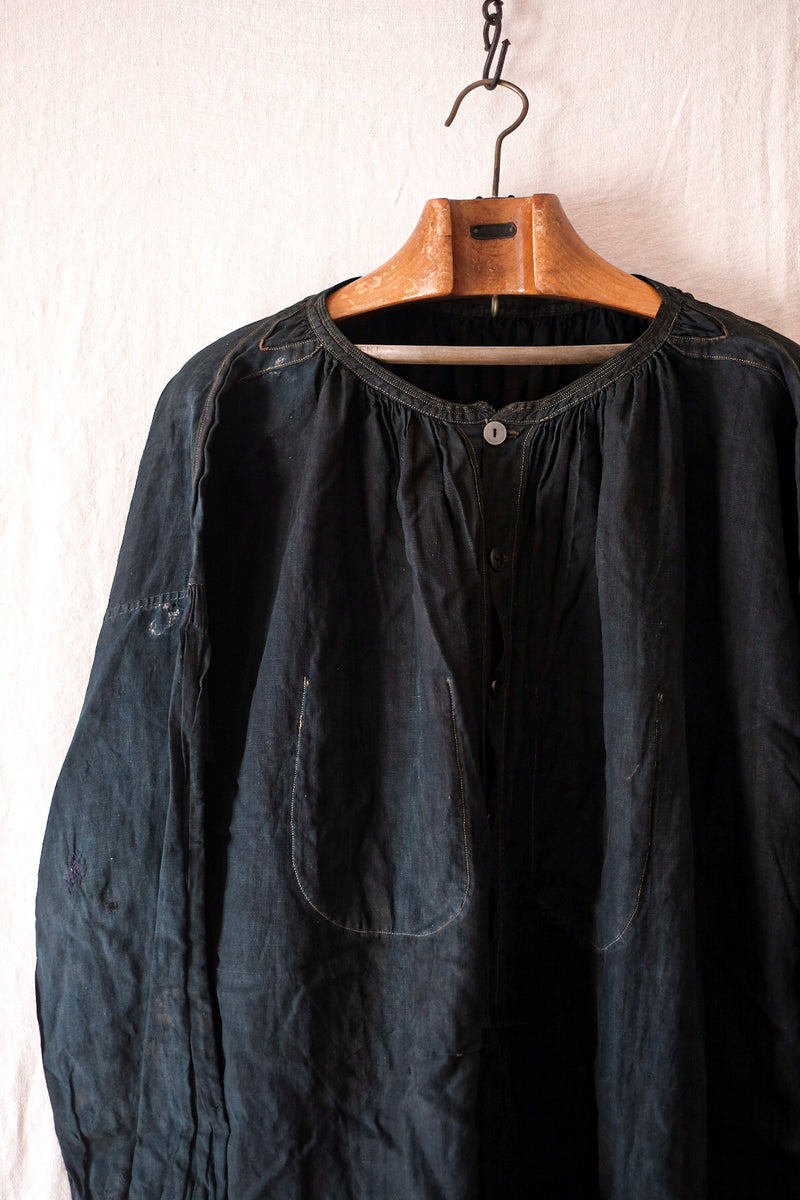 [ต้น 20 C] ผ้าลินินอินดิโก้โบราณฝรั่งเศส smock "biaude"