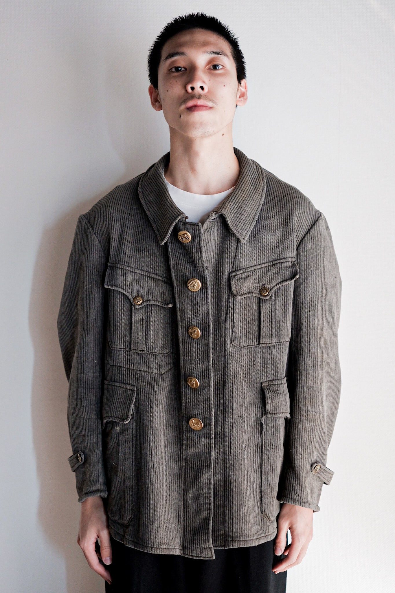 ［~30's］French Vintage Gray Cotton Pique Hunting Jacket With Chin Strap