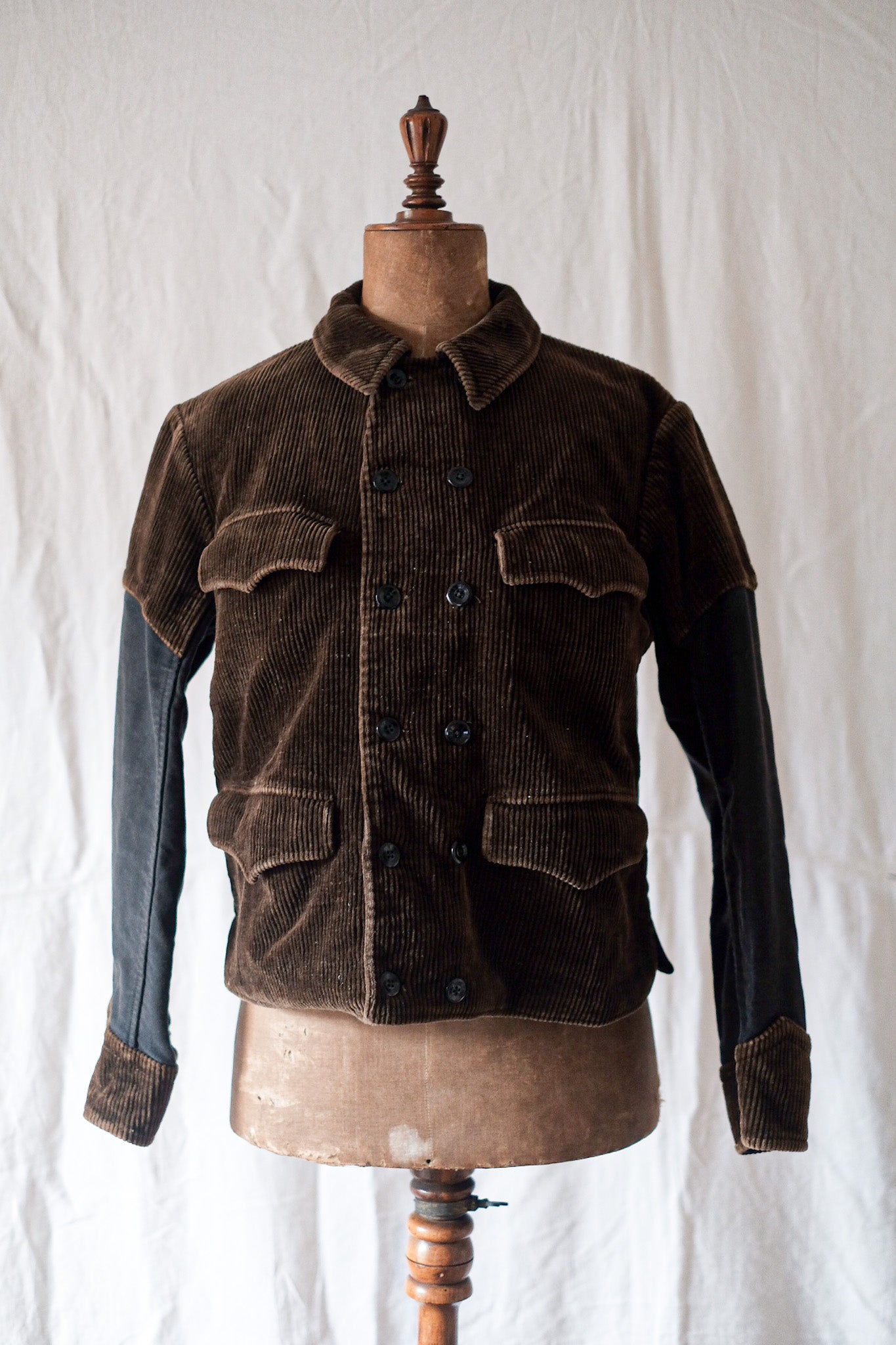[〜40年代]比利時復古棕色燈芯絨X黑色摩爾斯雙胸部工作夾克