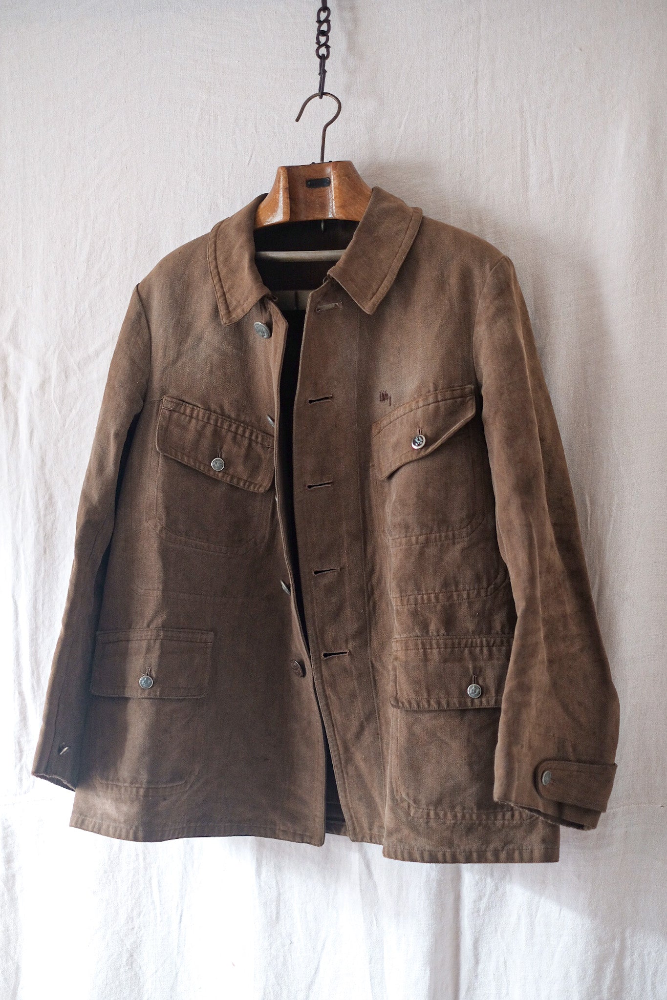 【~30's】French Vintage Brown Cotton HBT Hunting Jacket