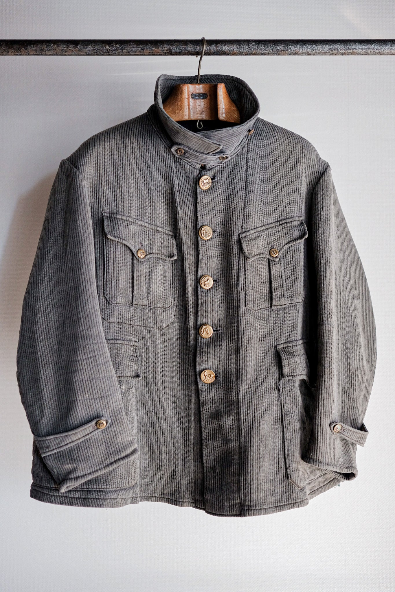 ［~30's］French Vintage Gray Cotton Pique Hunting Jacket With Chin Strap