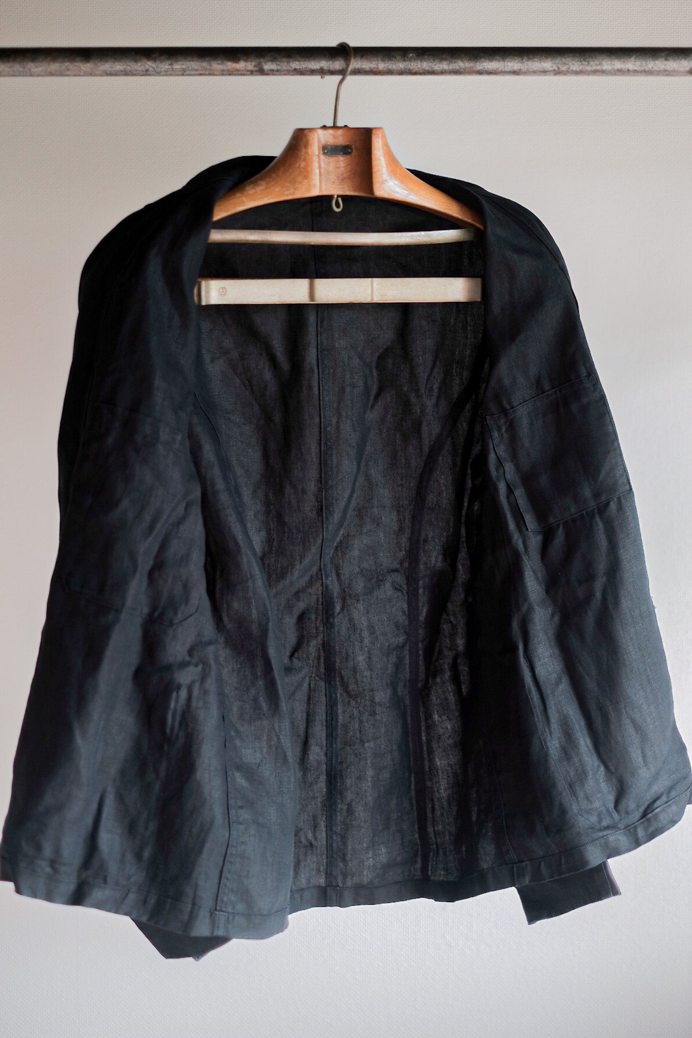 【~30's】French Vintage Black Indigo Linen Double Breasted Work Jacket "Dead Stock"