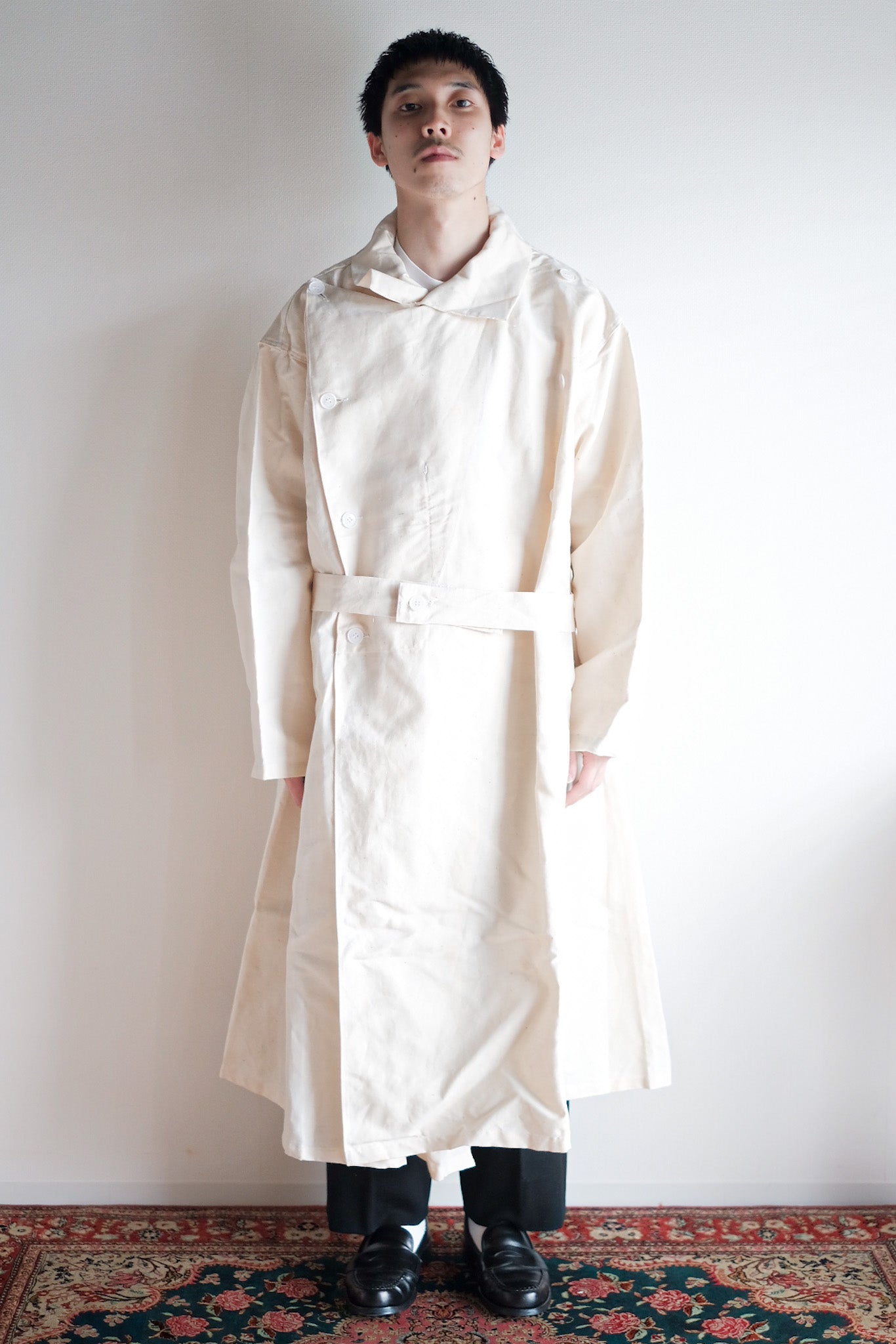 ［~50's］French Army Double Breasted Linen Coat Hospital Military "Dead Stock"