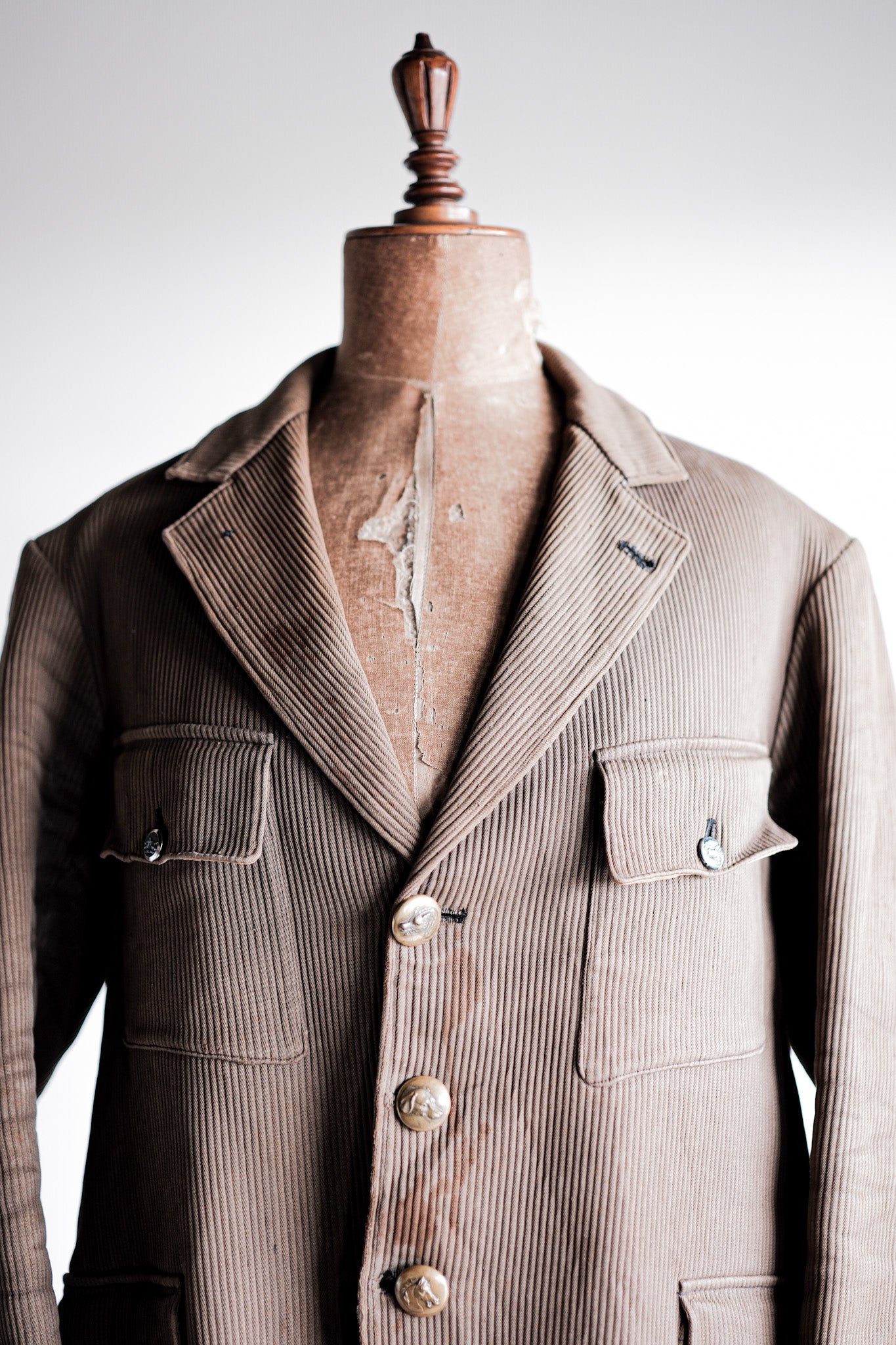 ［~40's］French Vintage Brown Cotton Pique Lapel Gamekeeper Hunting Jacket "Unusual Pattern"