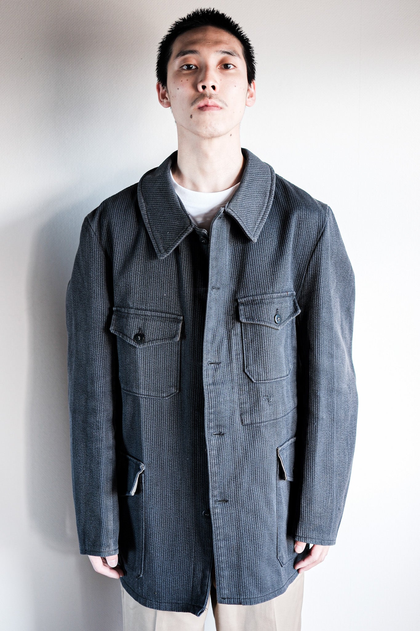 60's】French Vintage Blue Gray Cotton Pique Hunting Jacket