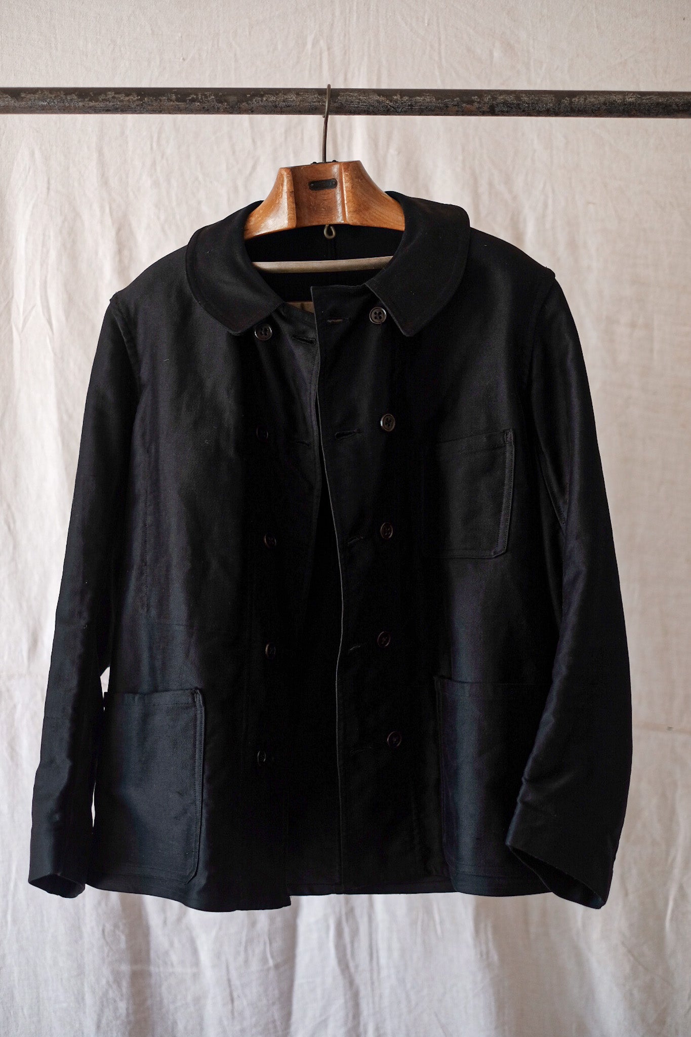 [~ 30's] French Vintage Double Breasted Black Moleskin Work Jacket