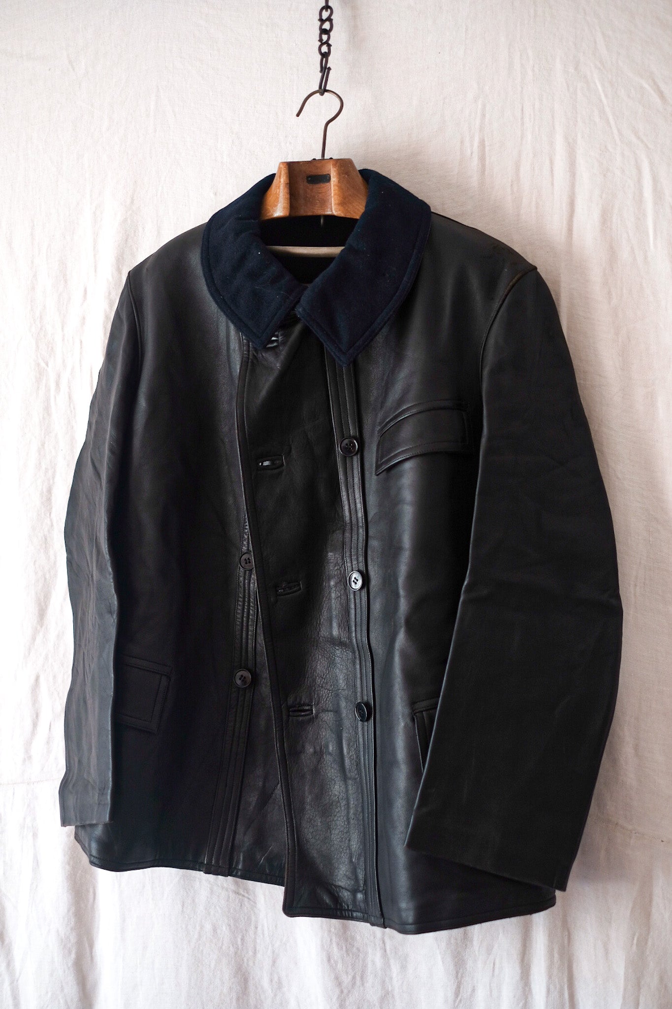 [~ 80's] French Vintage Le Corbusier Leather Work Jacket "Wool Collar"