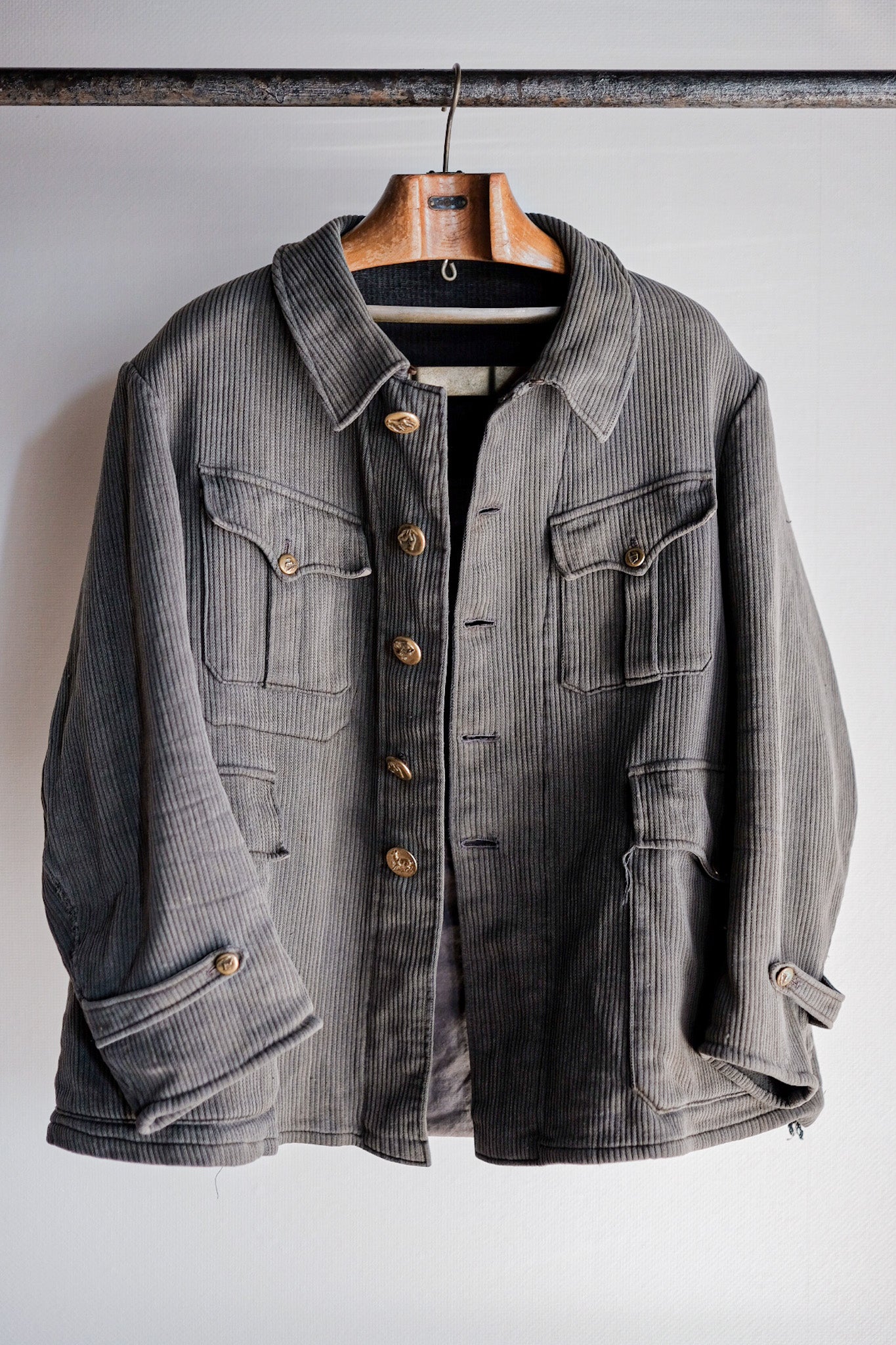 ［~30's］French Vintage Gray Cotton Pique Hunting Jacket With Chin Strap
