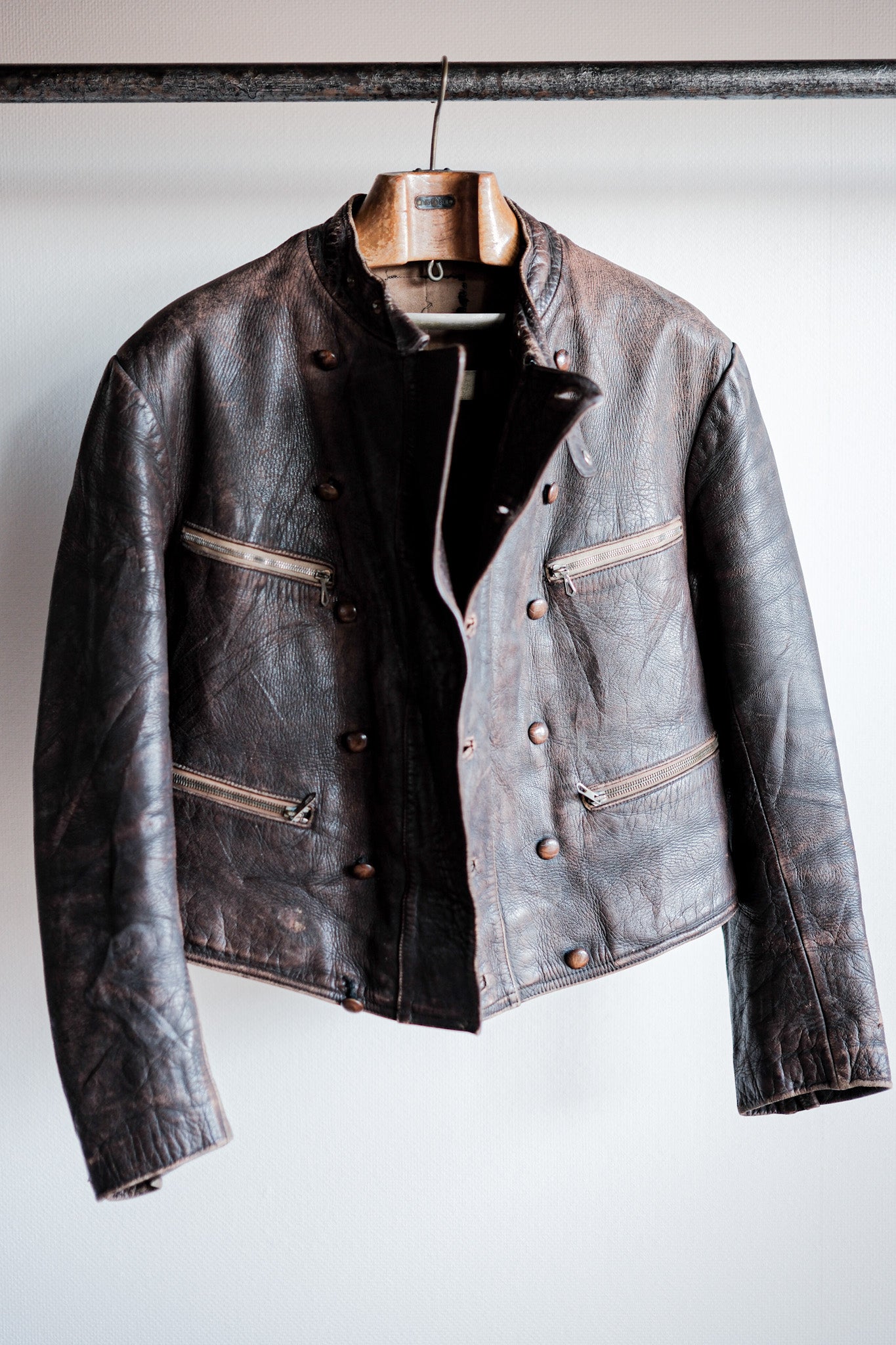 30's】German Vintage Double Breasted Motorcycle Leather Jacket